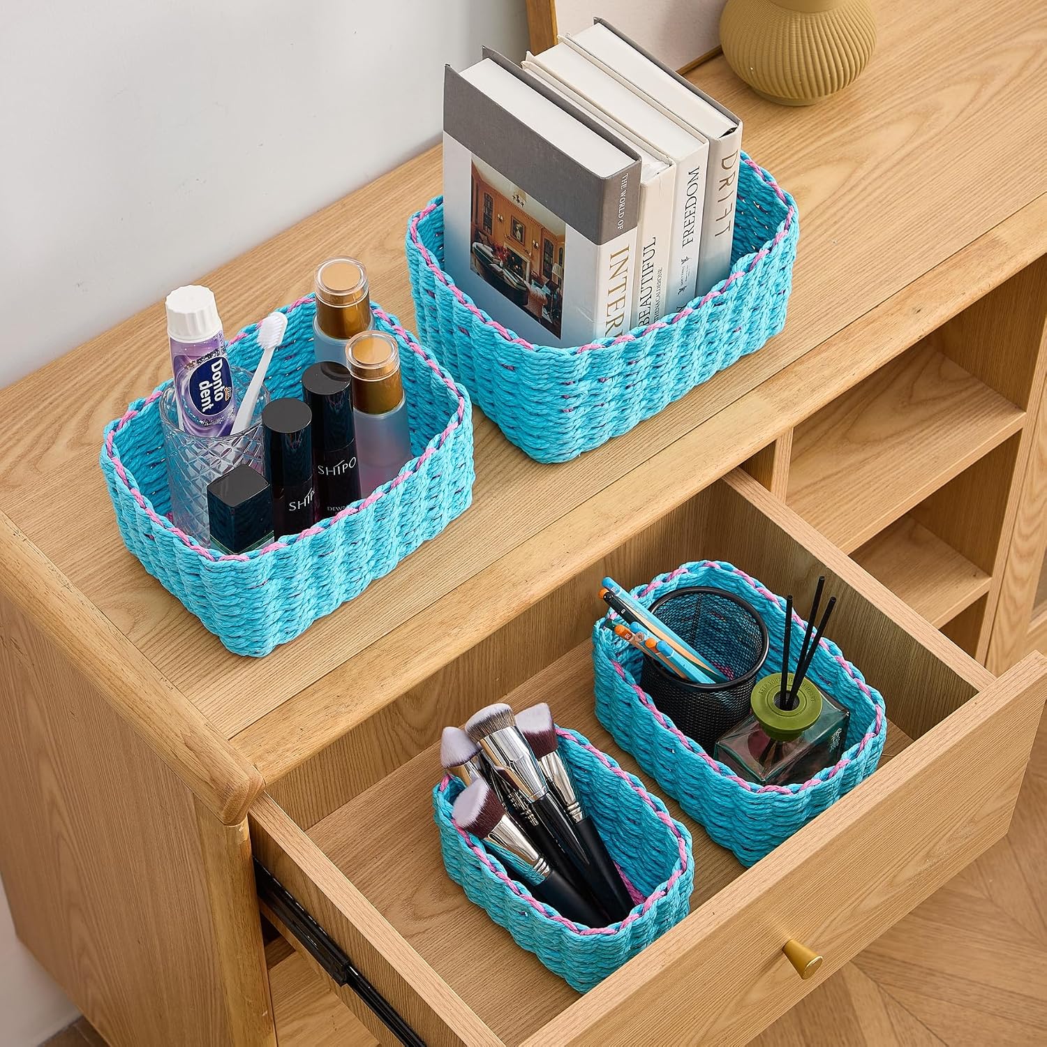 Woven Storage Baskets Set / Blue & Pink / Set of 4