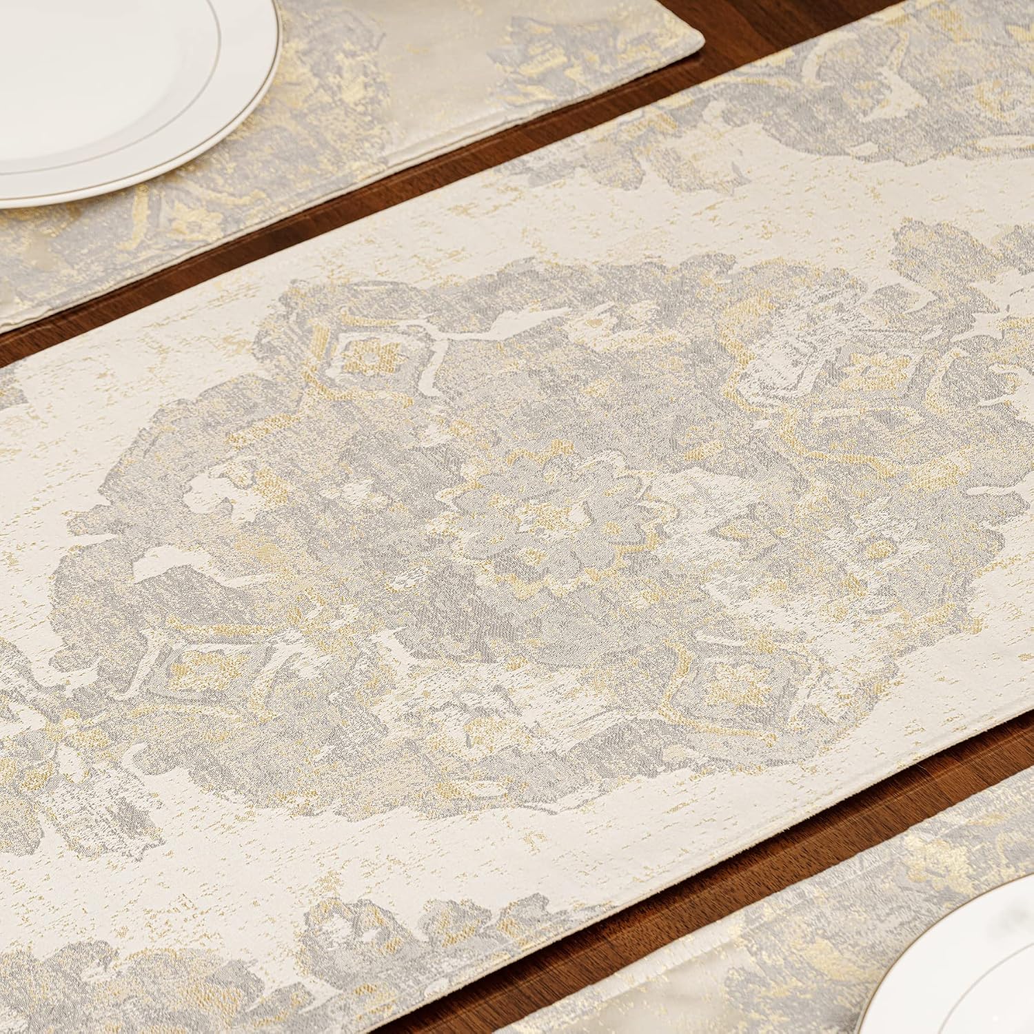 Loom and Mill Luxury Elegant Damask Table Runner 108 inches Long, Beige | Jacquard Table Runners with Handmade