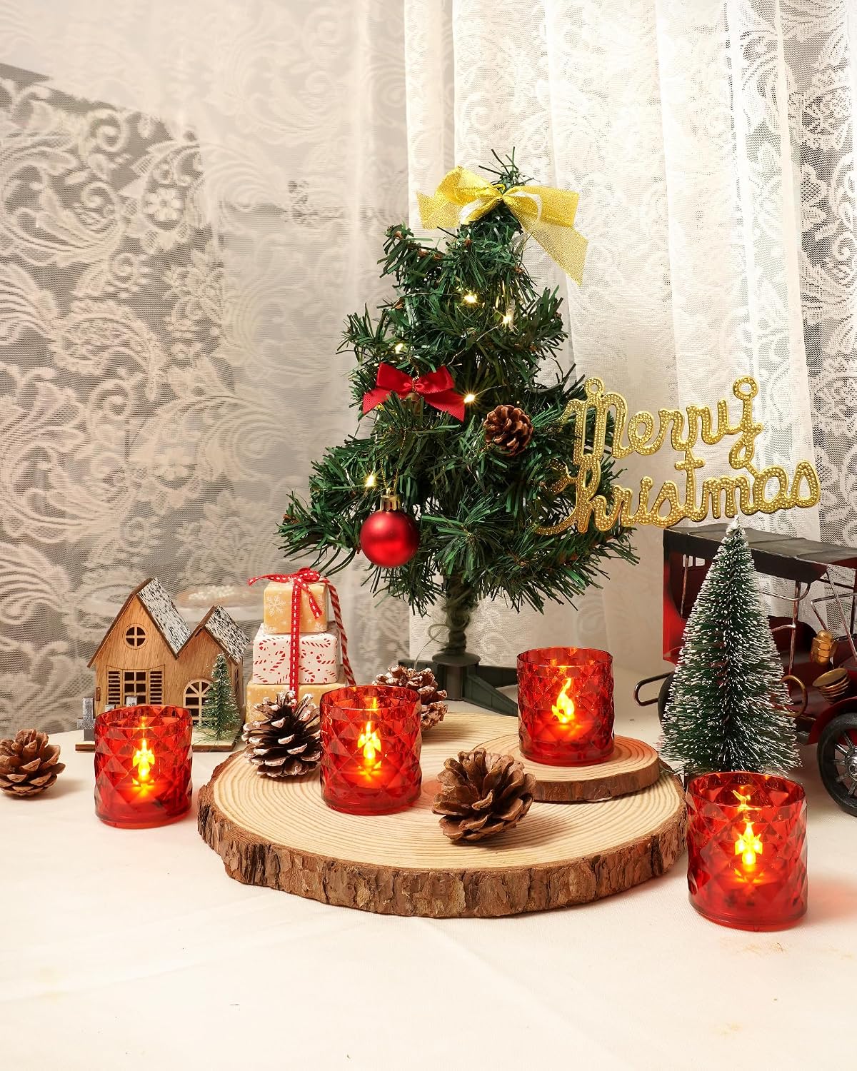 Homemory 2" Red Acrylic Votive Candle & Holders with Auto Timer, 12 Pack | 6h auto timer, flicker Warm White glow