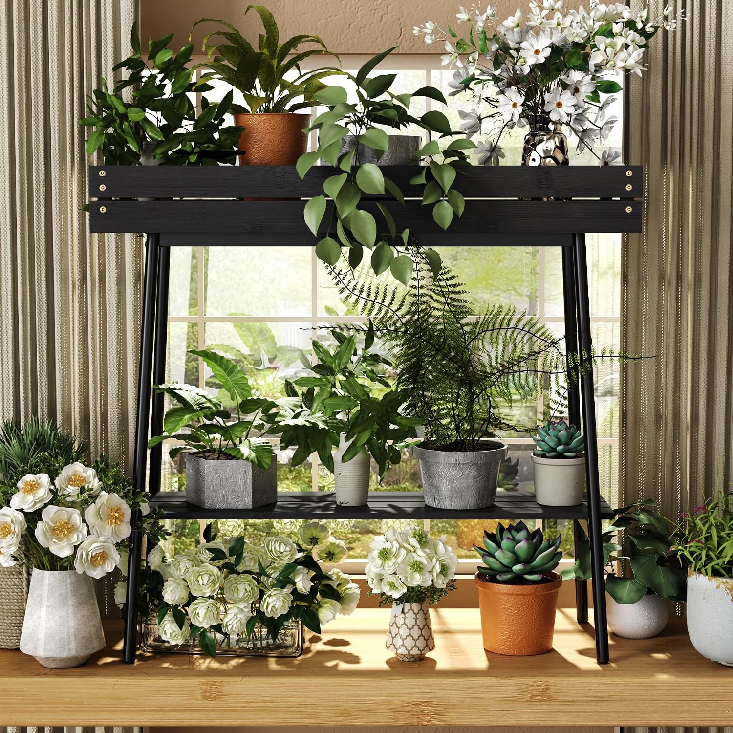 BAMBANG Bamboo Plant Stand Indoor, 2 Tier Small Plant Table, Tall Plant Stand for Indoor Plants, Window Sill Plant