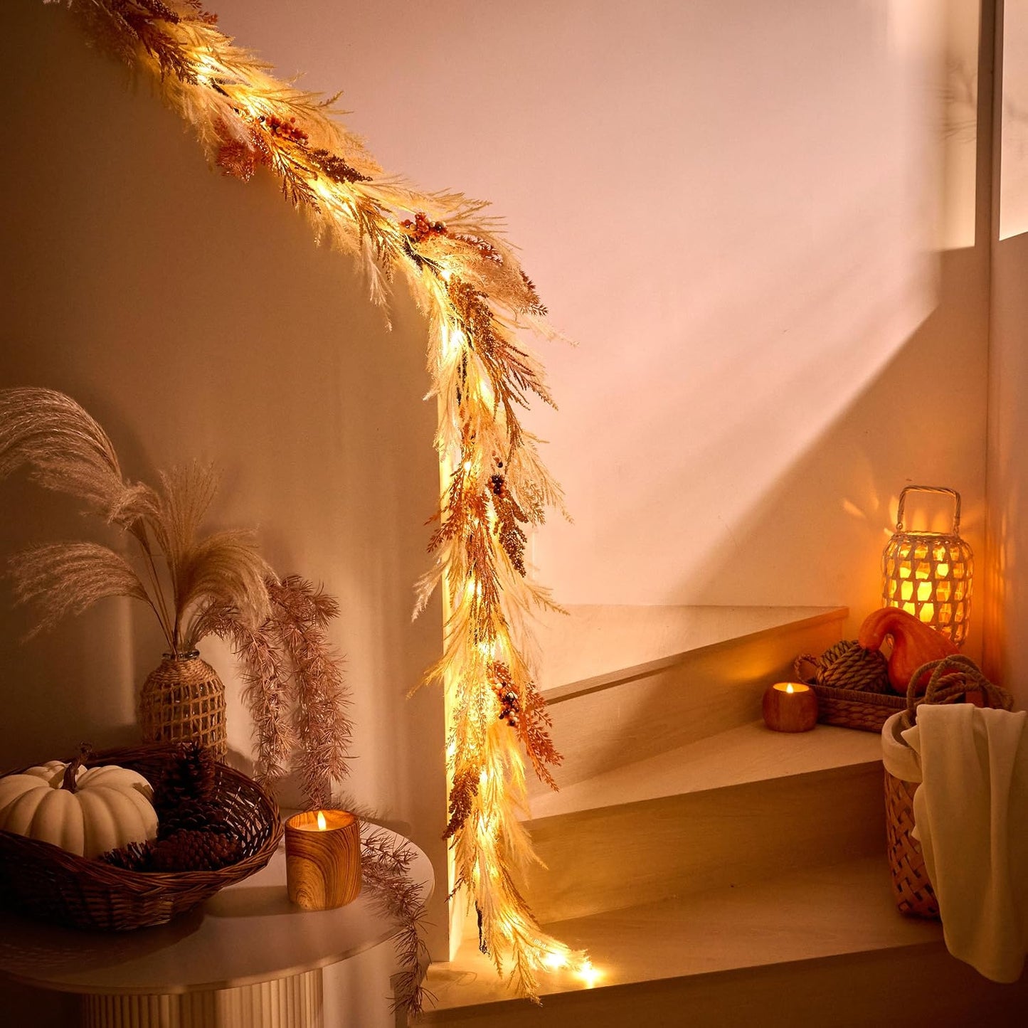 Pre-Lit Light Up Artificial Faux Pampas Grass Garland / Orange and Gold / 6 Inch