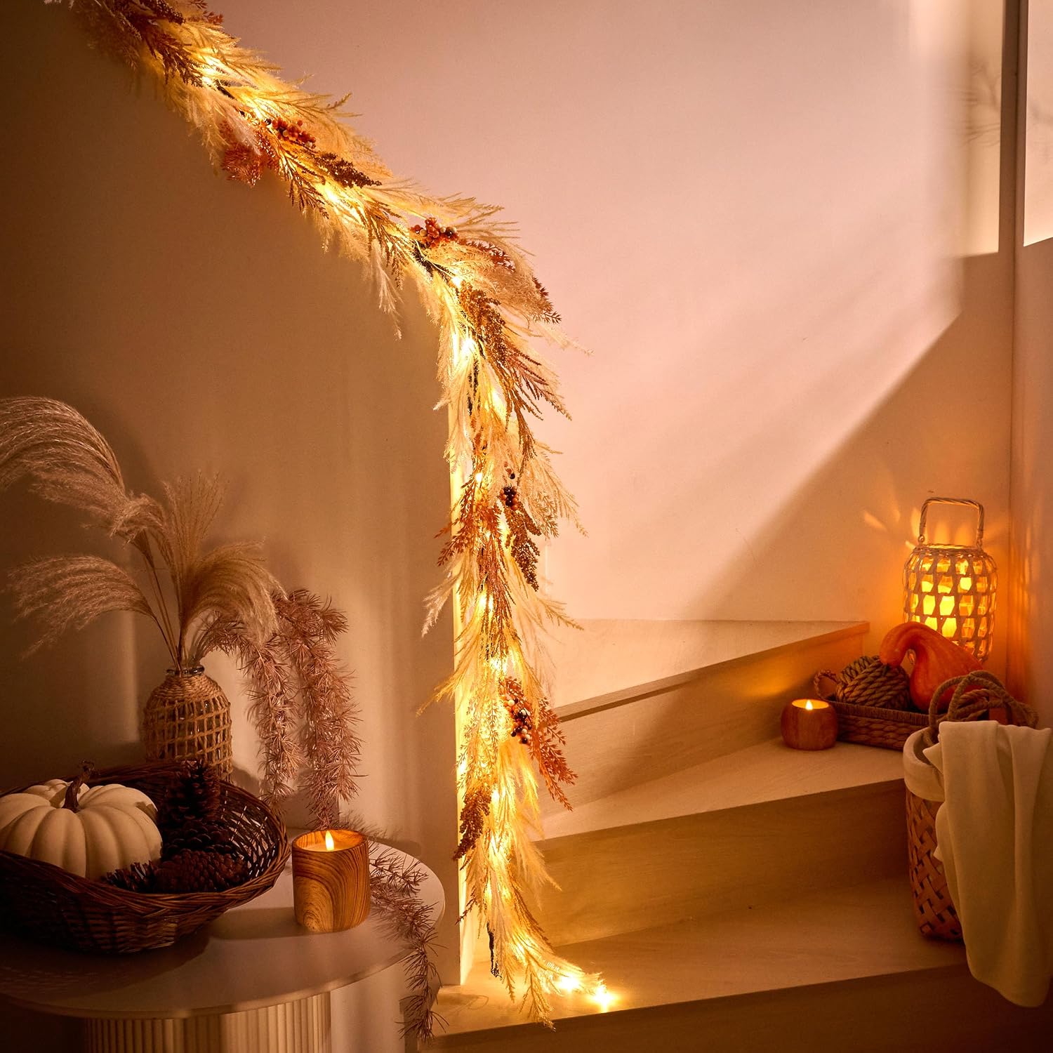 Pre-Lit Light Up Artificial Faux Pampas Grass Garland / Orange and Gold / 6 Inch