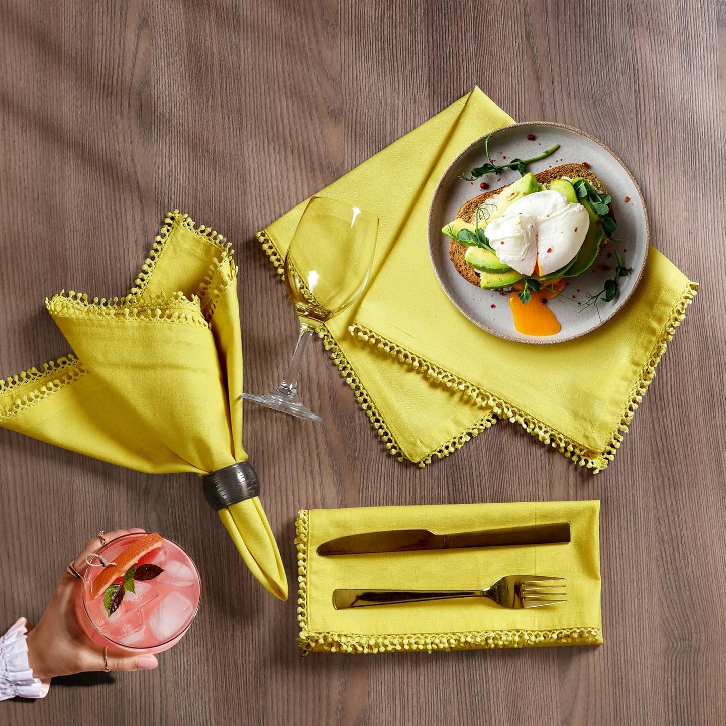 Bedding Craft Cotton Cloth Dinner Napkins Set of 12 – 18x18 Yellow with Decorative Lace Selvedge – Durable Machine