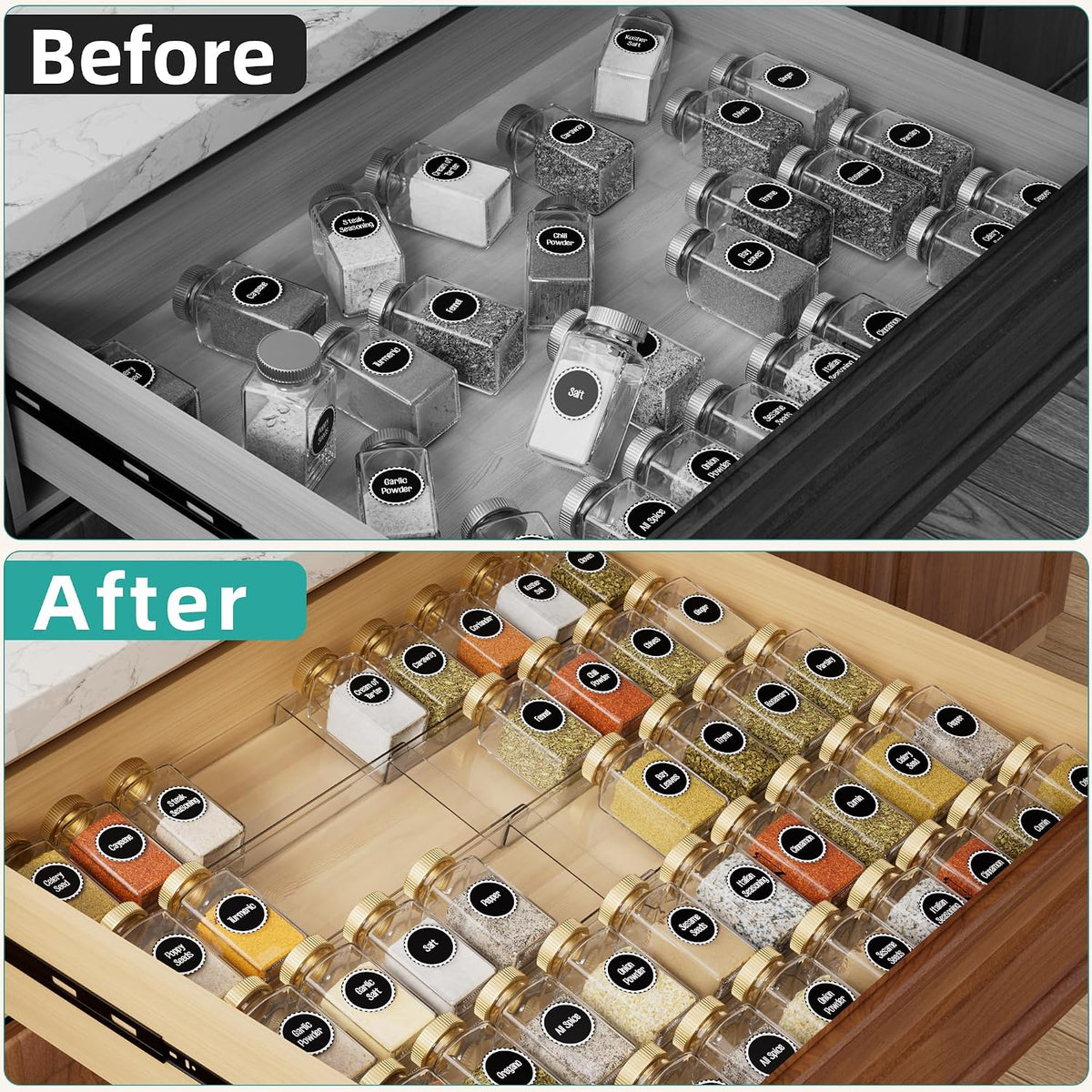 MIUKAA Acrylic Spice Drawer Organizer, 5 Tier - 10 Pack Seasoning Organizer for Drawer, Expandable From 13" to 26"