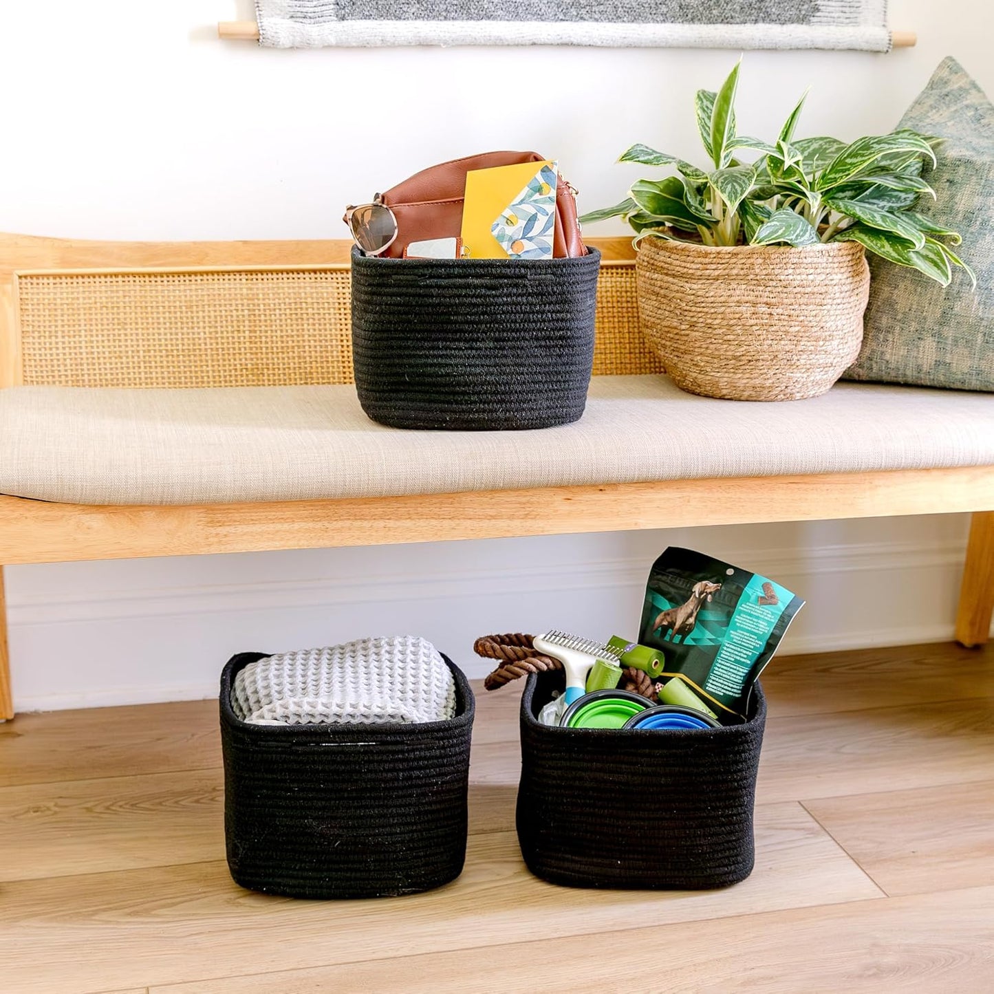 Storage Cubes "Cotton Rope Woven Baskets for Organizing / Black / 9 x 9 x 7 / Set of 3