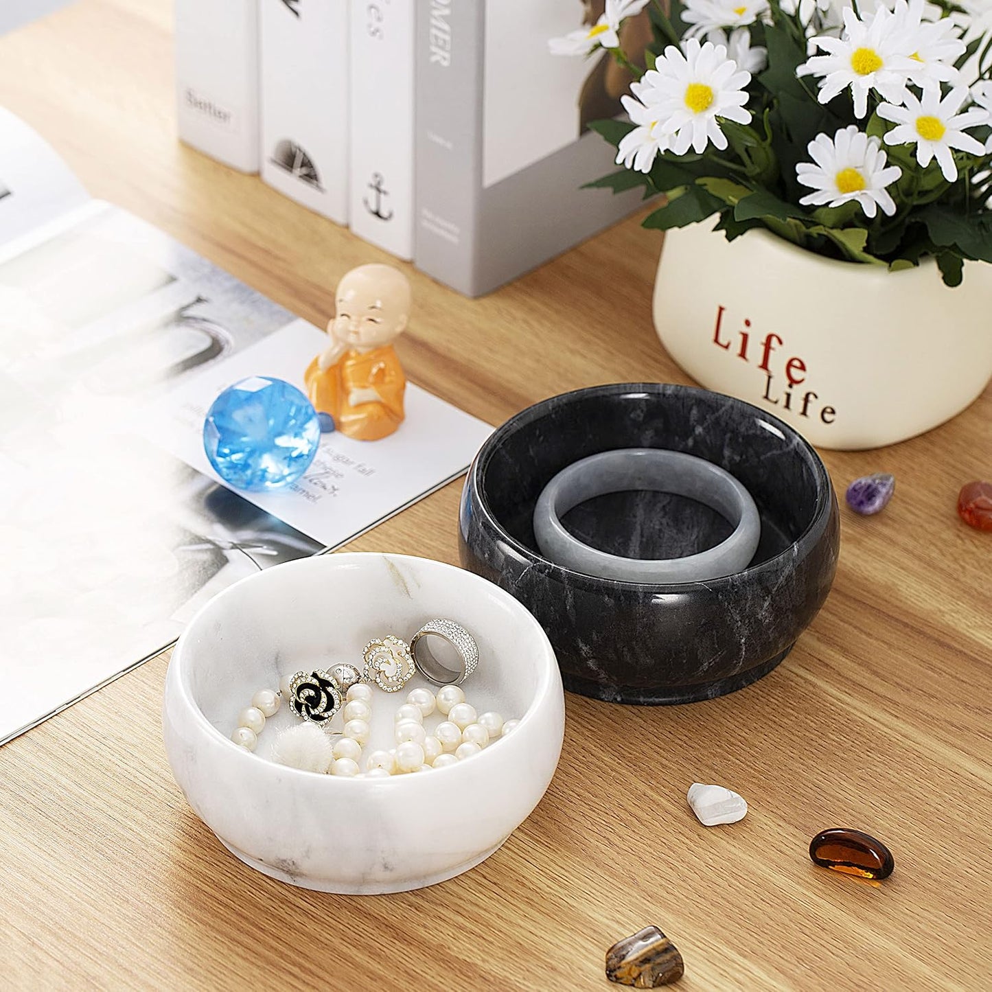 Rings Holder / Marble Jewelry Dish / White & Light-grey