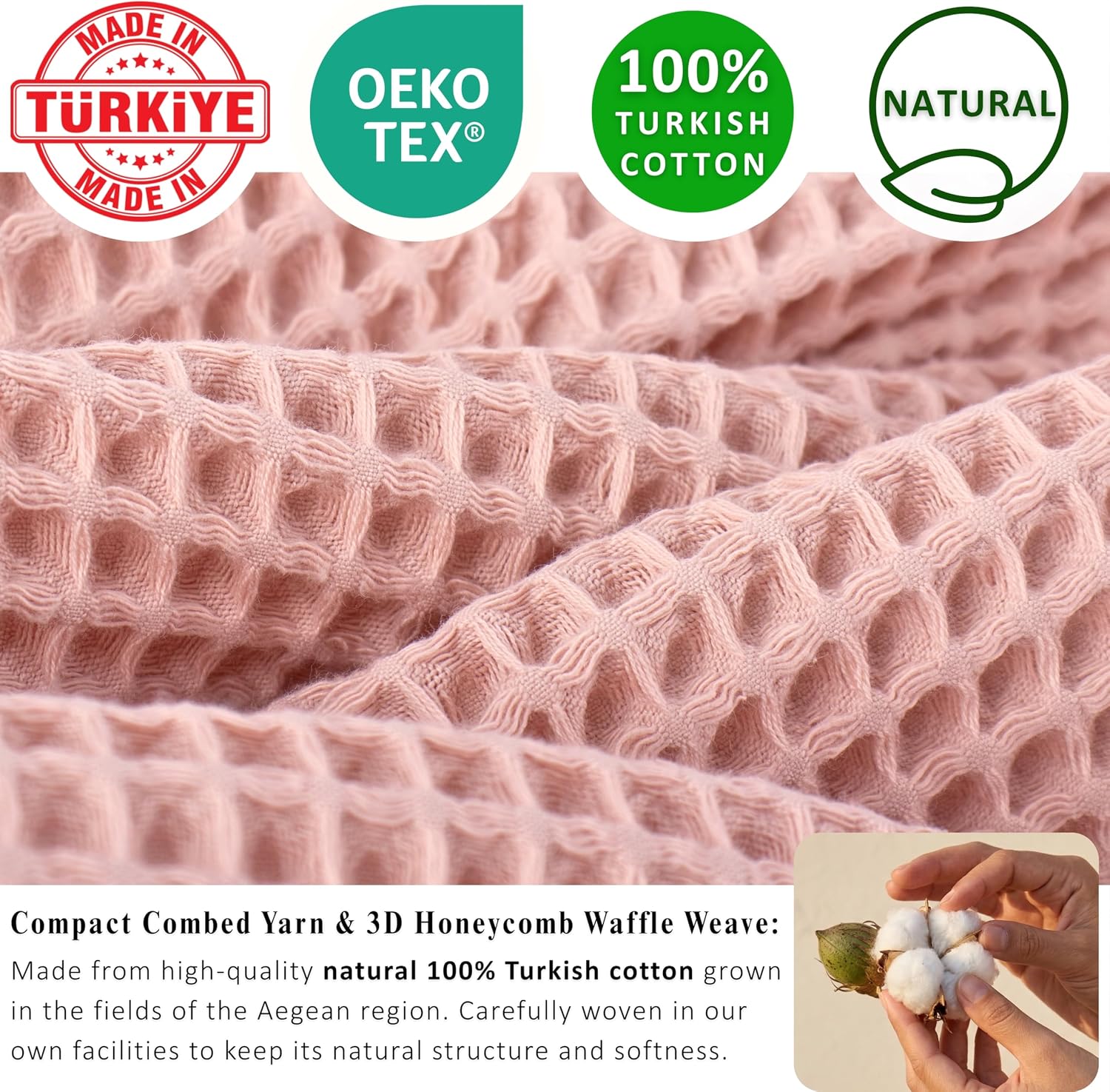 PÜSKÜL Natural 100% Turkish Cotton Waffle Bath Towels Set of 2, Extra-Large | Pink Powder, Oversize 32x63" Bath sheet