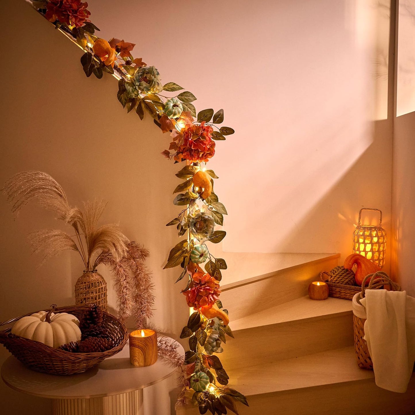 Artificial Fall Autumn Floral Garland / Orange and Blue / 6 ft