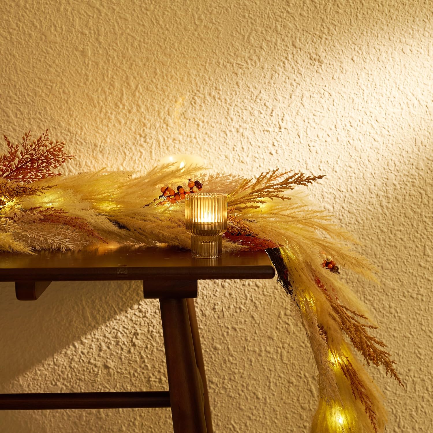 Pre-Lit Light Up Artificial Faux Pampas Grass Garland / Orange and Gold / 6 Inch