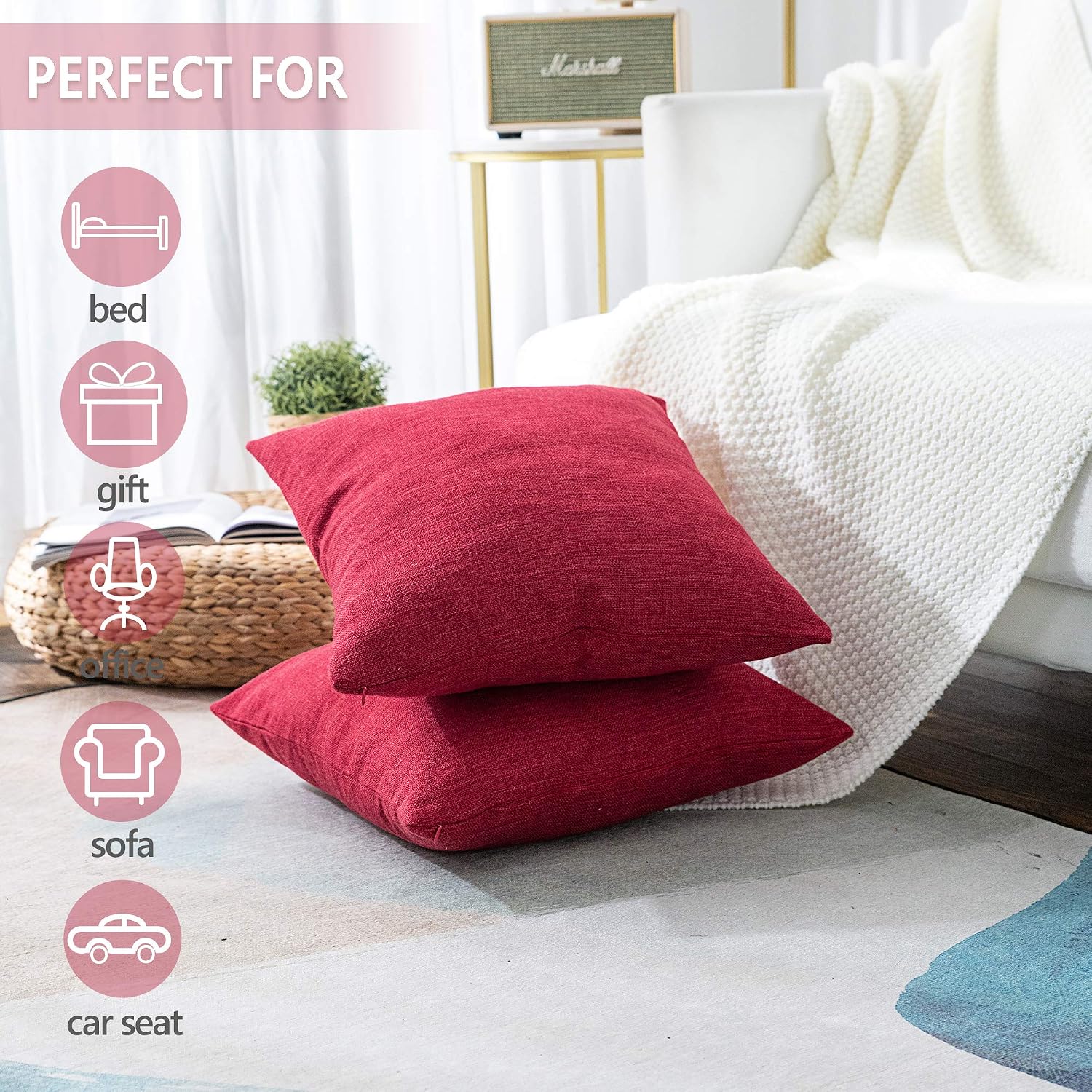 Christmas Decorative Burlap Throw Pillow Covers Square Solid Farmhouse / 26 x 26 / Red / Set of 2
