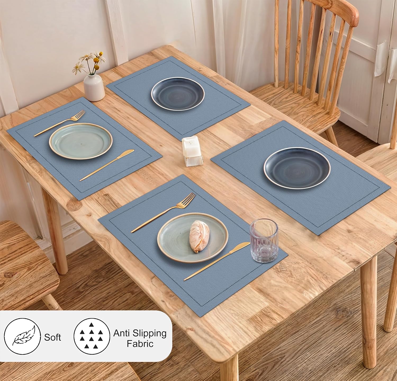 Ruvanti Placemats Set of 6, Linen Cotton Blend Place Mats, 13x19 – Grey | Heat, Stain resistant, Washable, Non-Slip