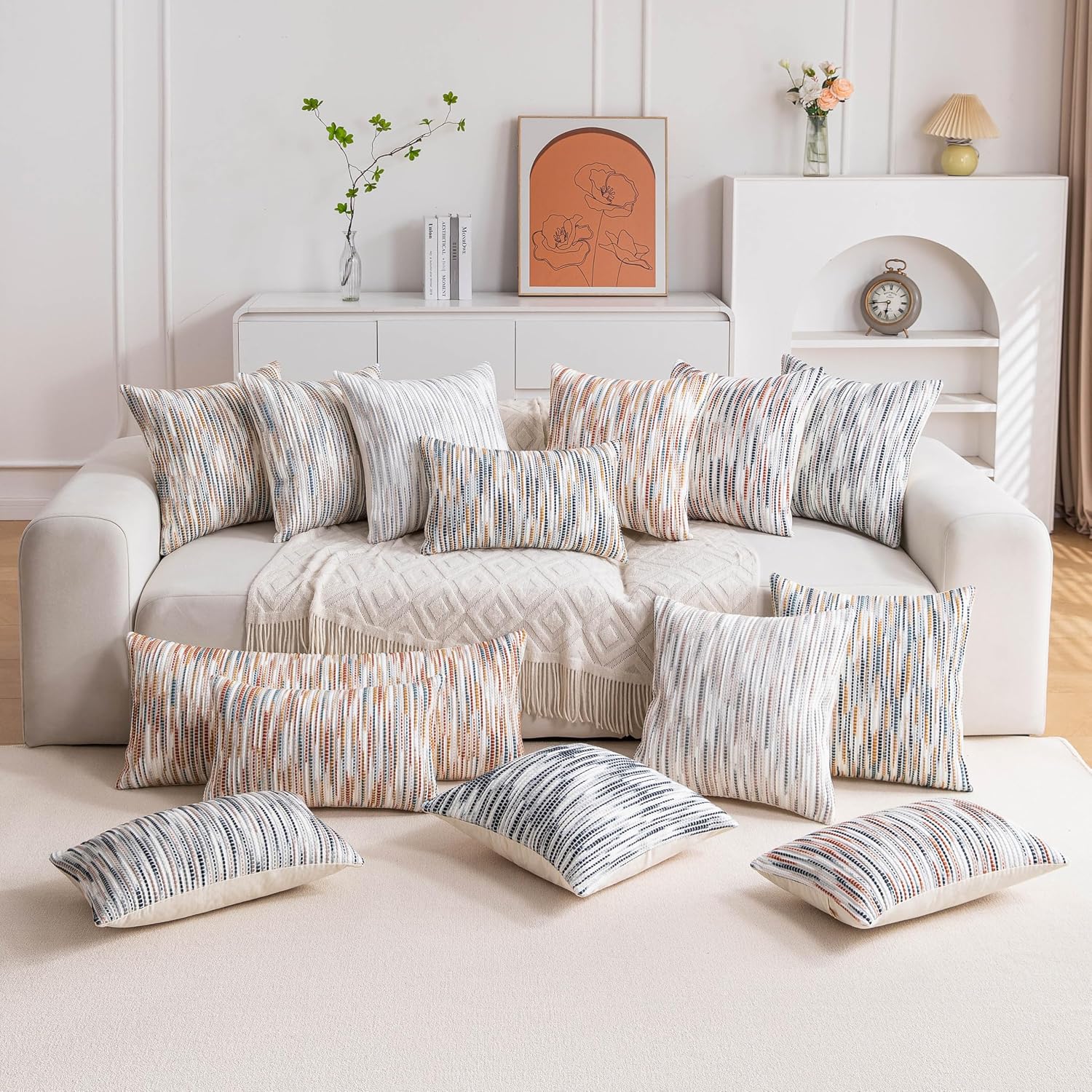 Boho Couch Throw Pillow Covers Grey Blue Striped Decorative / Blue Grey Striped / 18 x 18 / Set of 2