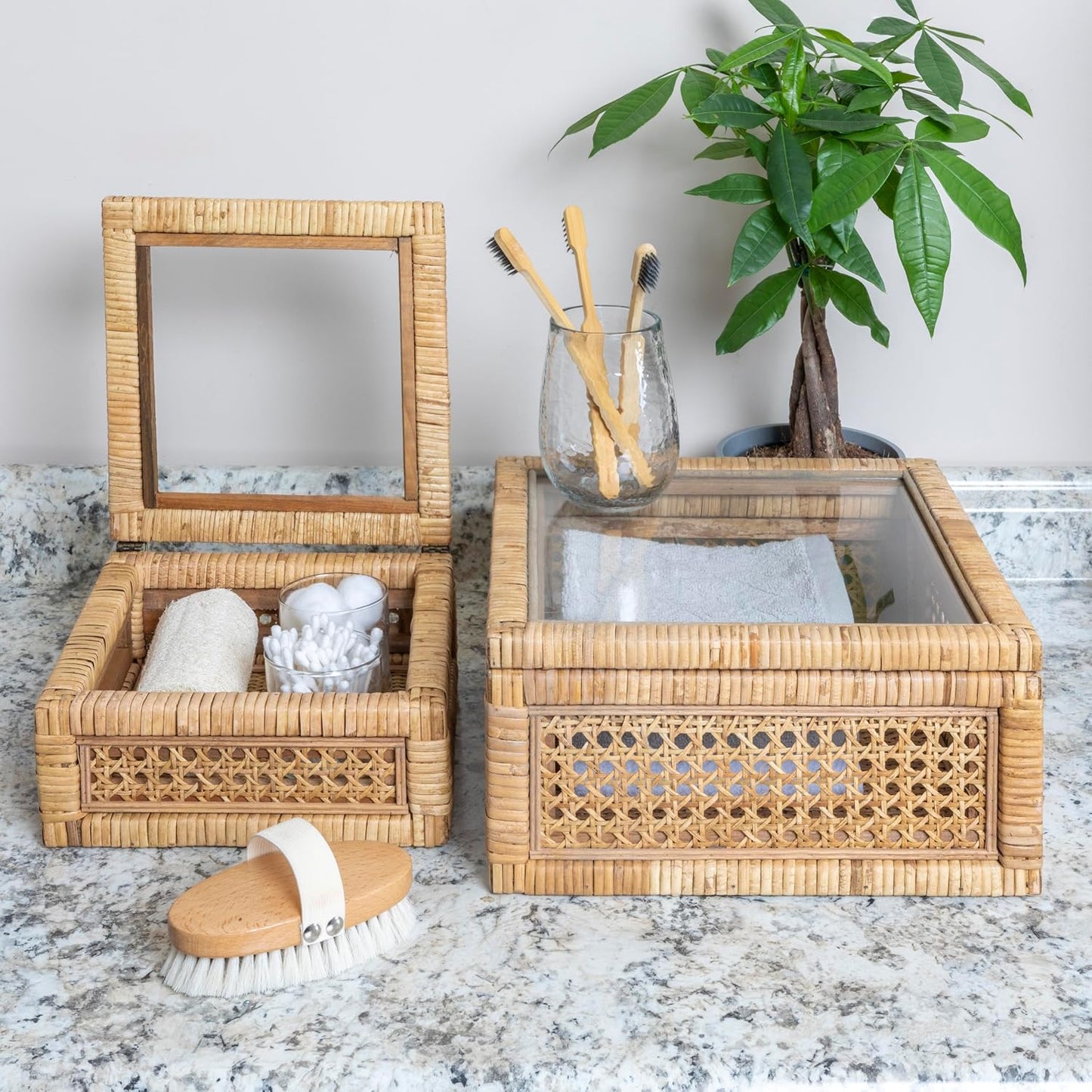 Modern Decorative Woven Rattan and Wood Display Boxes / Natural / Square / Set of 2