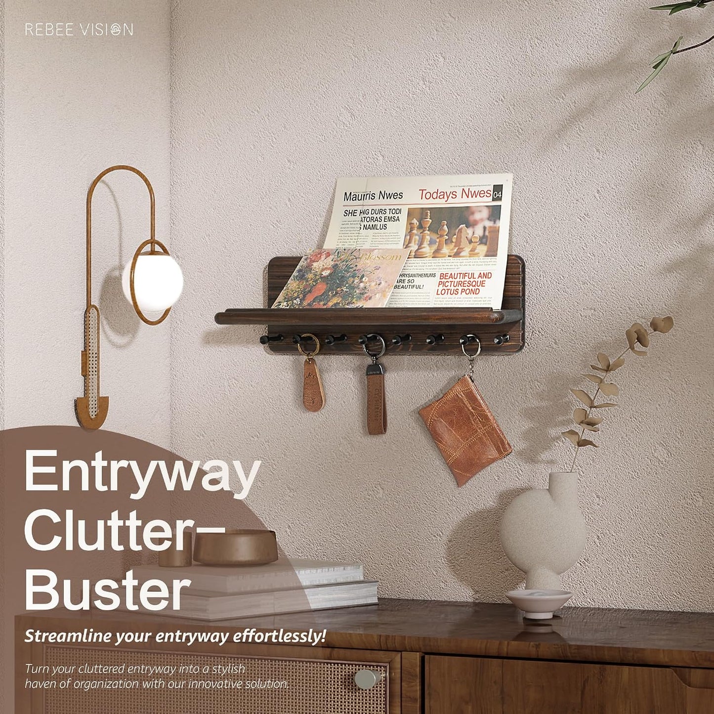 8 Durable Hooks & Floating Shelf / Brown