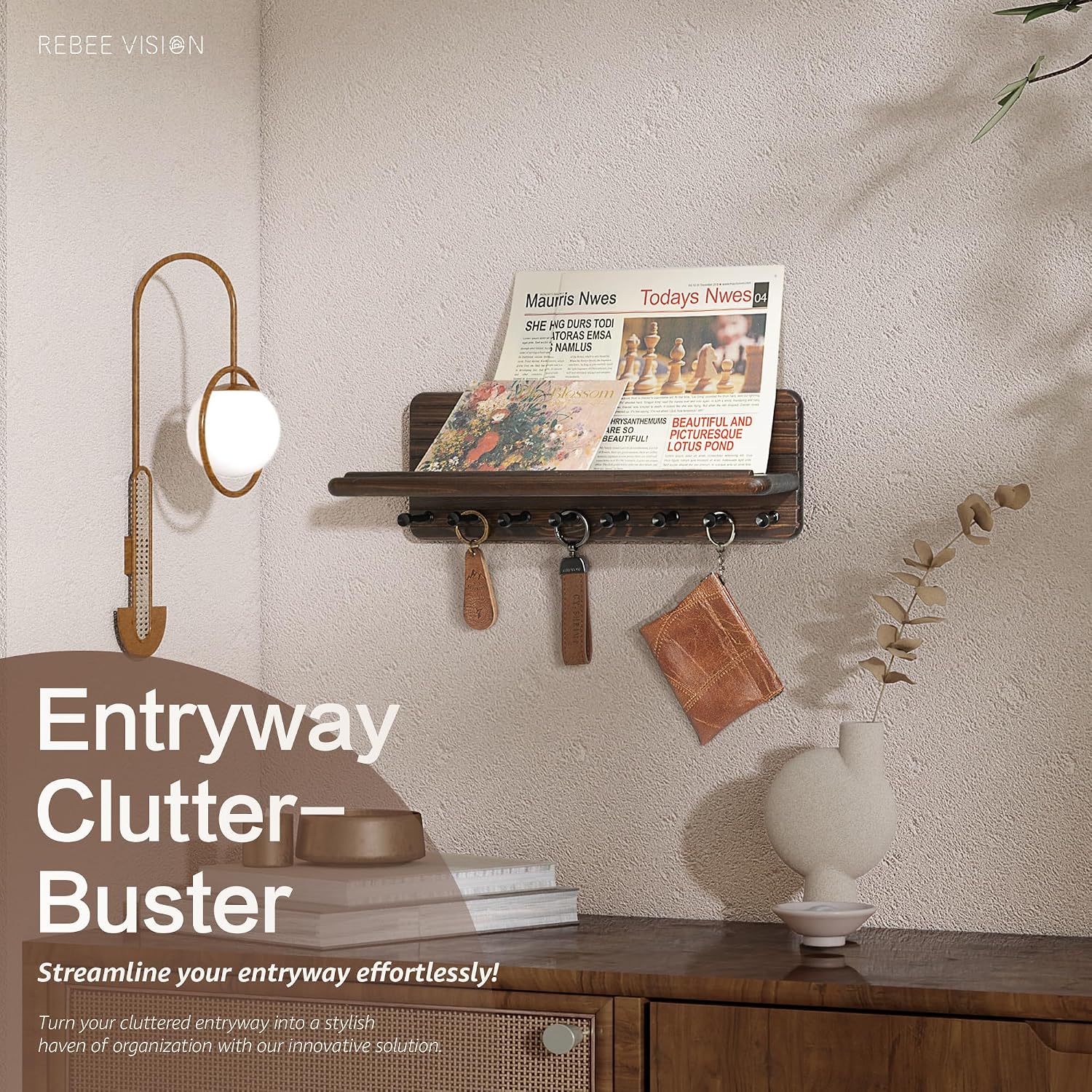 8 Durable Hooks & Floating Shelf / Brown