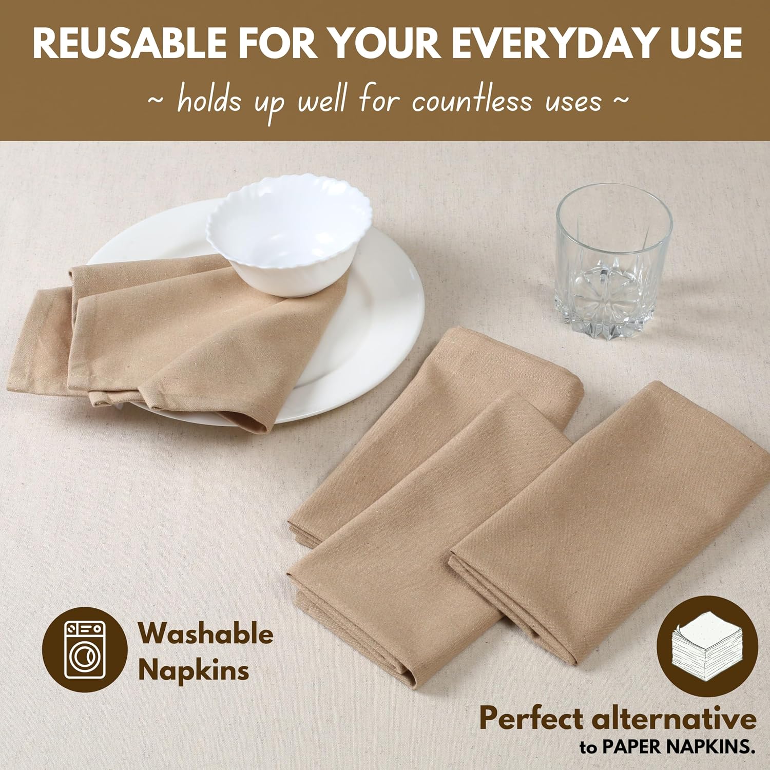 Native Fab Cloth Napkin Set of 12, 100% Cotton, Washable, Reusable Dinner Cloth Napkin 17x17 inches, Table Decor