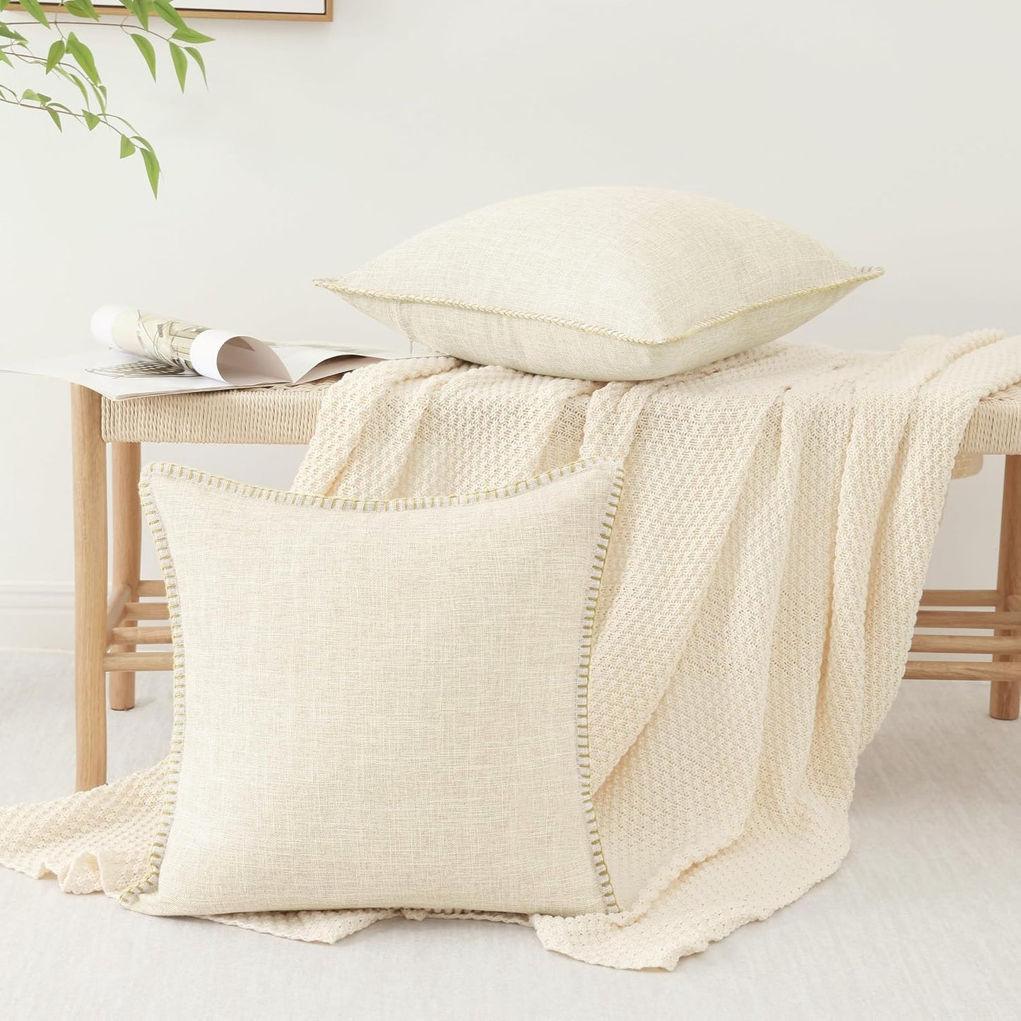 Fall Decorative Throw Pillow Covers Square Faux Linen Farmhouse / Cream White / 18 x 18 / Set of 2