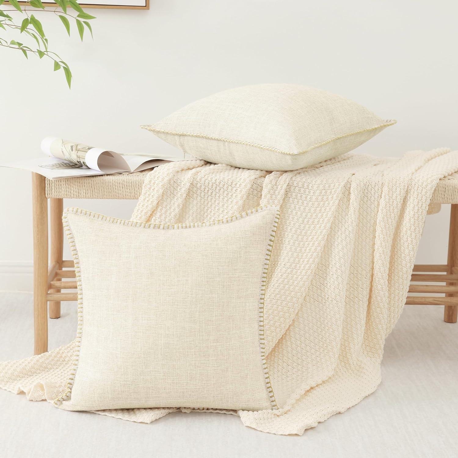 Fall Decorative Throw Pillow Covers Square Faux Linen Farmhouse / Cream White / 18 x 18 / Set of 2