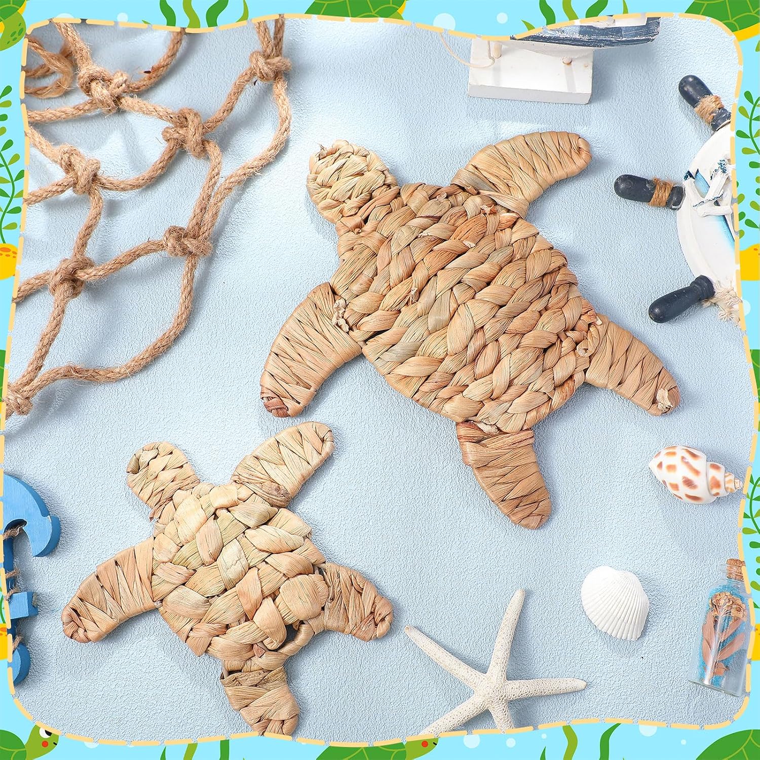 Sea Turtle Beach Theme Decor 2 Size Handmade Wicker Turtle Wall Decor Sea Life Hanging / Set of 2