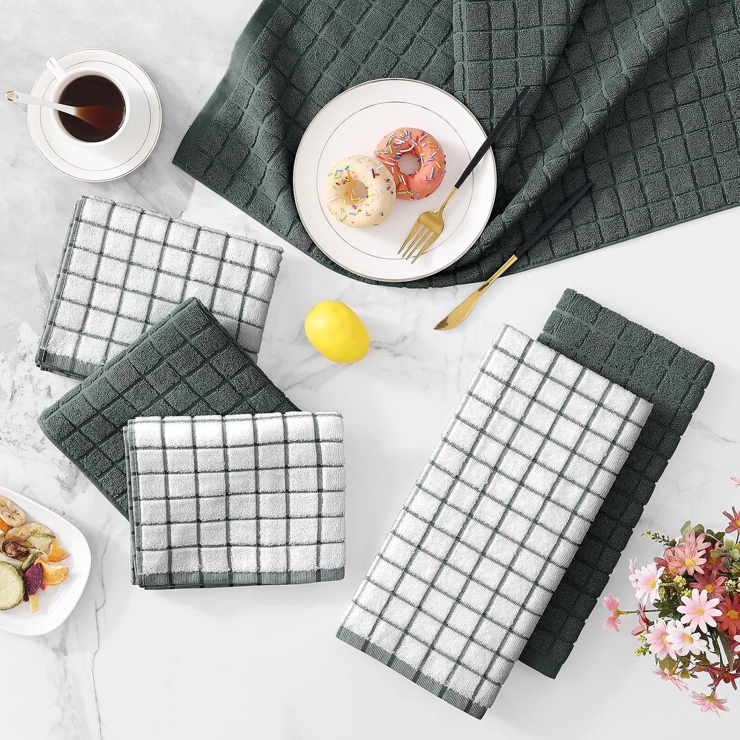 Homaxy Large Premium Cotton Kitchen Towels 16"x 28", 12 Pack, Dark Green | Natural Ring Spun 390 GSM Dish Towels, Super