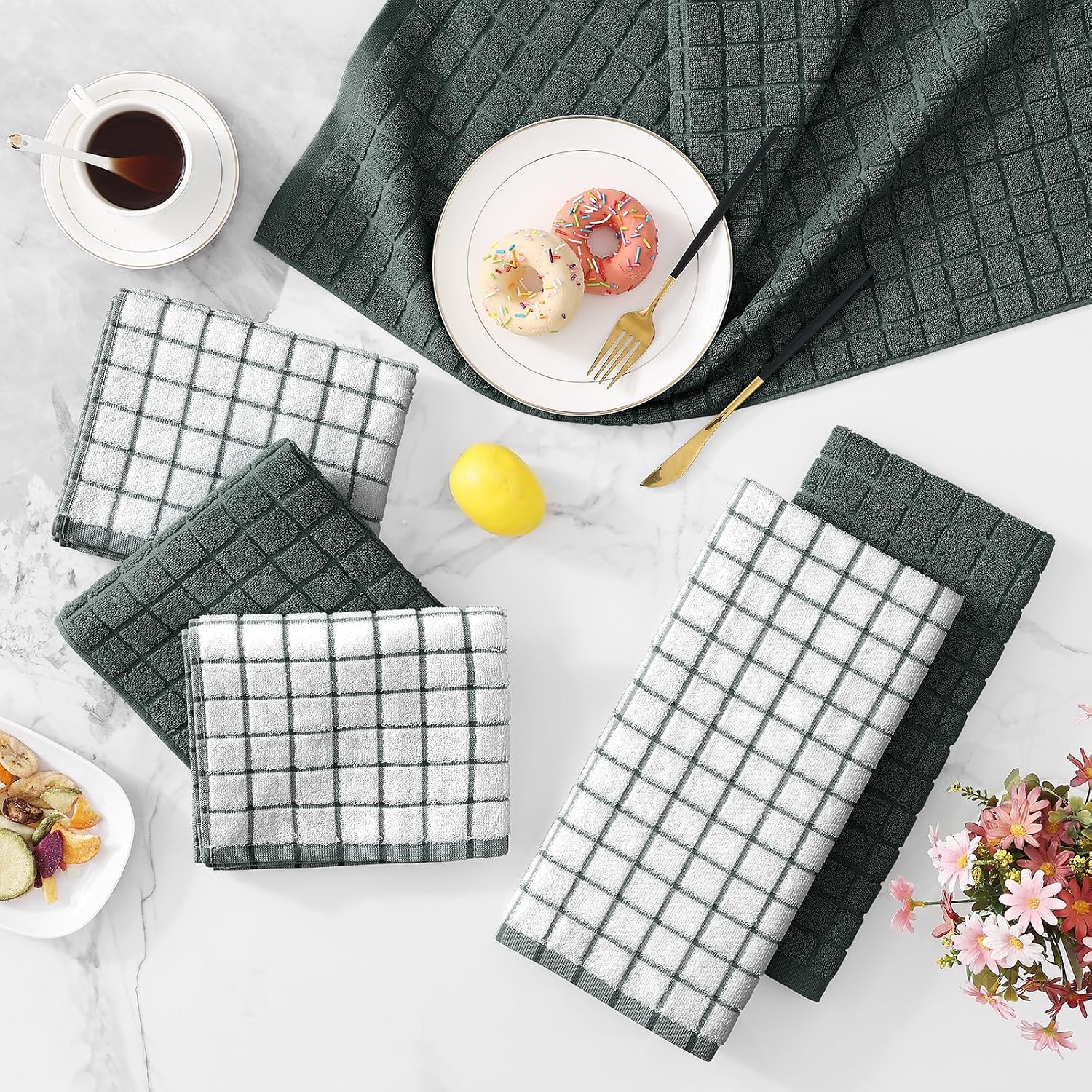 Homaxy Large Premium Cotton Kitchen Towels 16"x 28", 12 Pack, Dark Green | Natural Ring Spun 390 GSM Dish Towels, Super