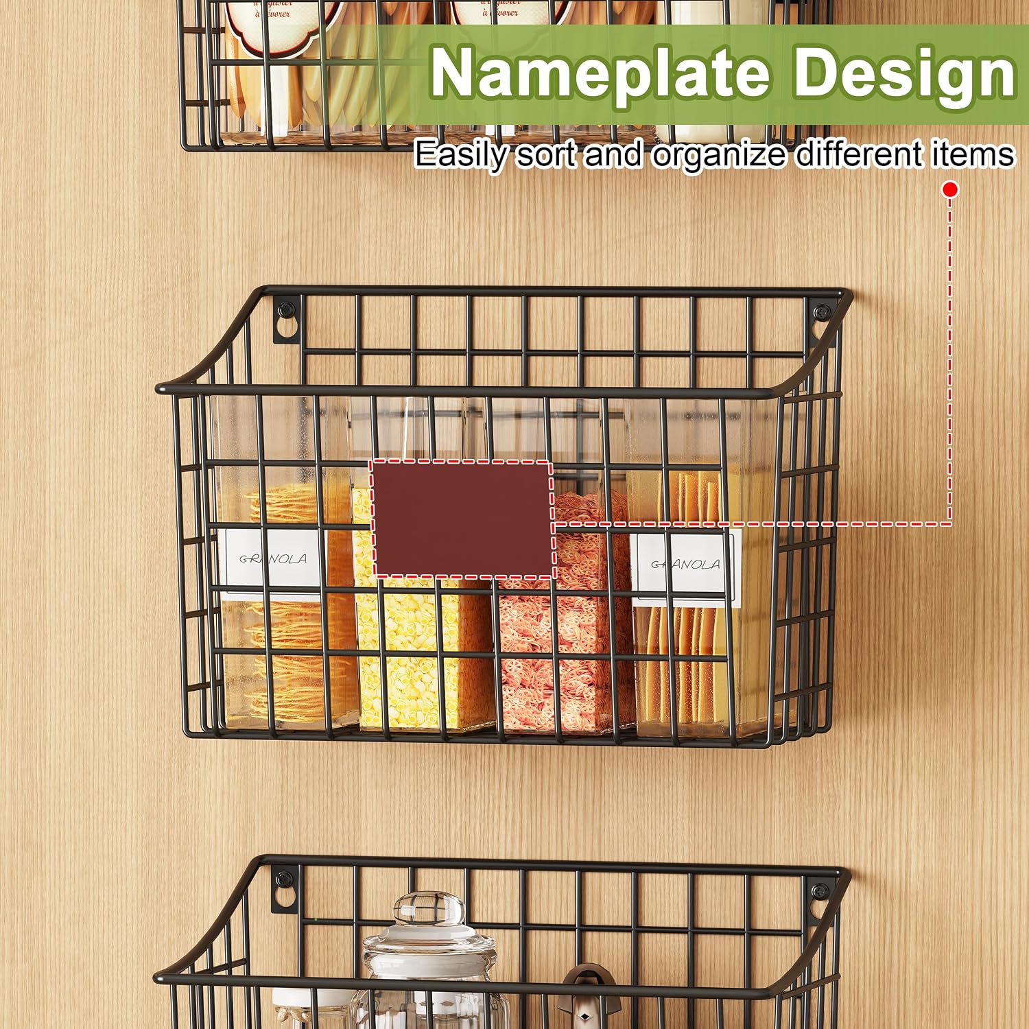 Wall Mounted Bin Basket with 5 Hooks 3 Label Plate Adhesive-3 Pack, Cabinet Hanging Metal Wire Basket,Rustic Farmhouse