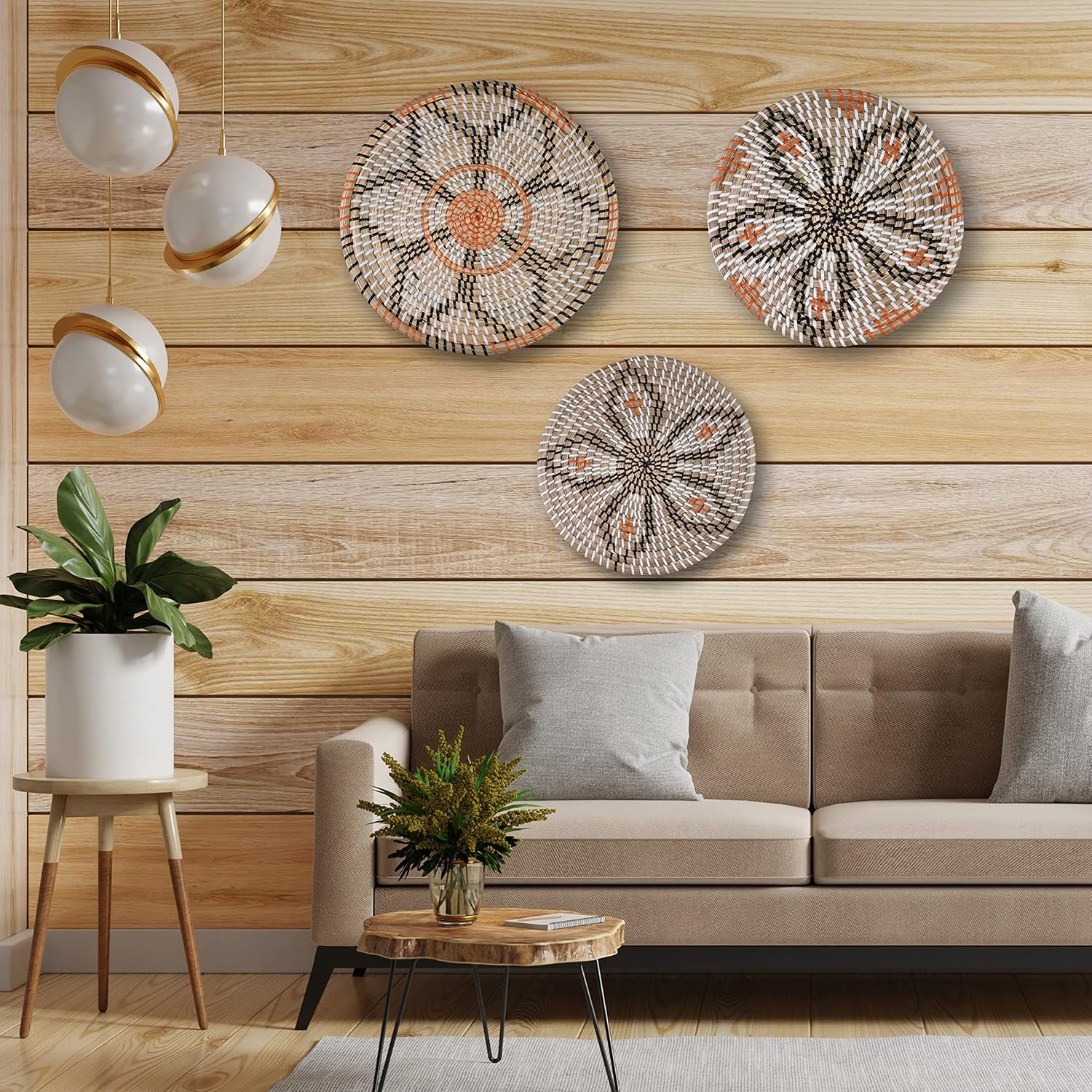 Modern Boho Rustic Wicker Hanging Wall Baskets / Natural / Set of 3
