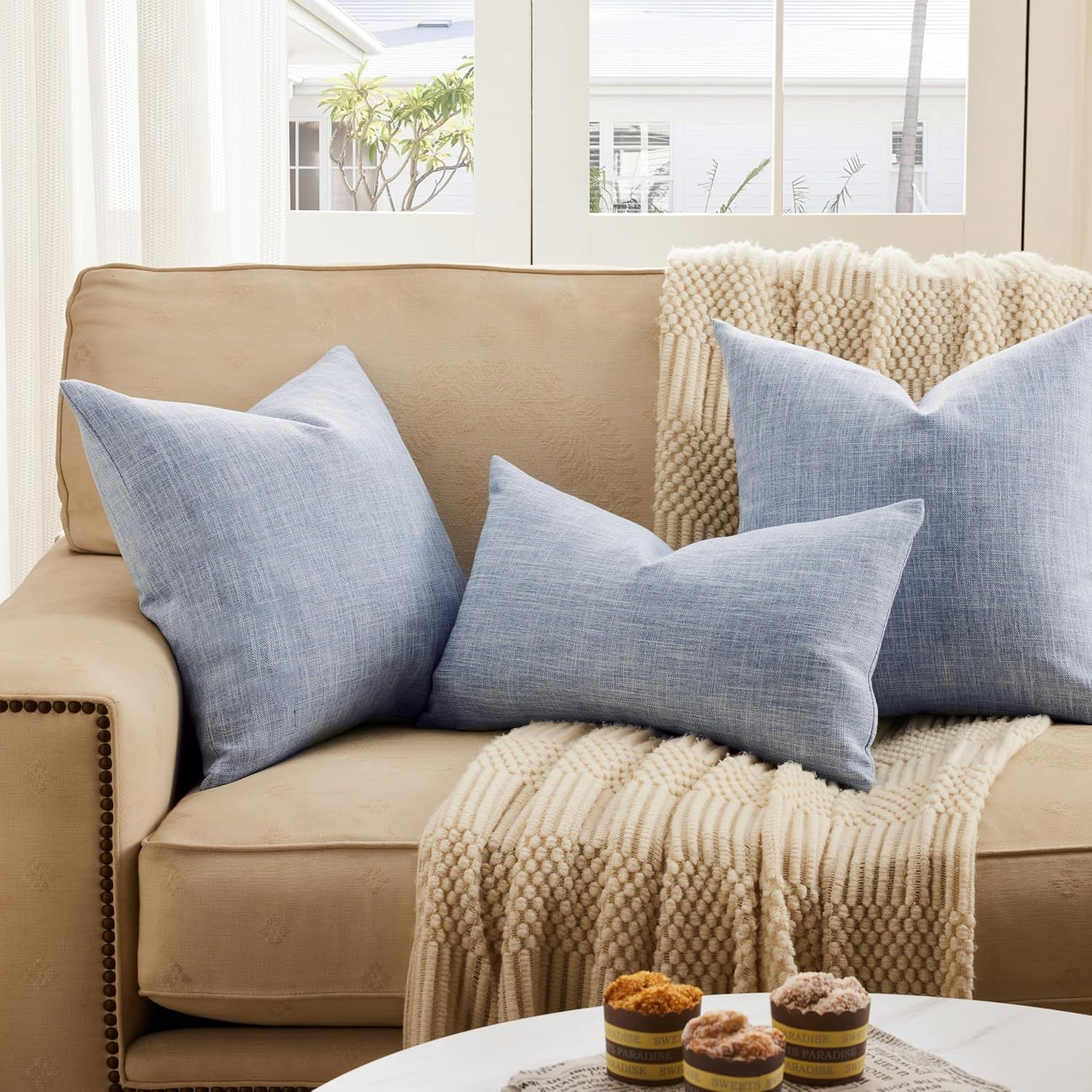 Rustic Cotton Linen Throw Pillow Covers / Blue / 18 x 18 / Set of 2