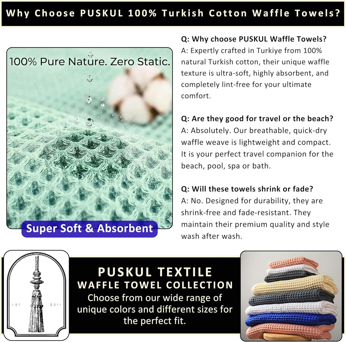 PÜSKÜL Natural 100% Turkish Cotton Waffle Bath Towels Set of 2, Extra-Large | Light Gray, Oversize 32x63" Bath sheet