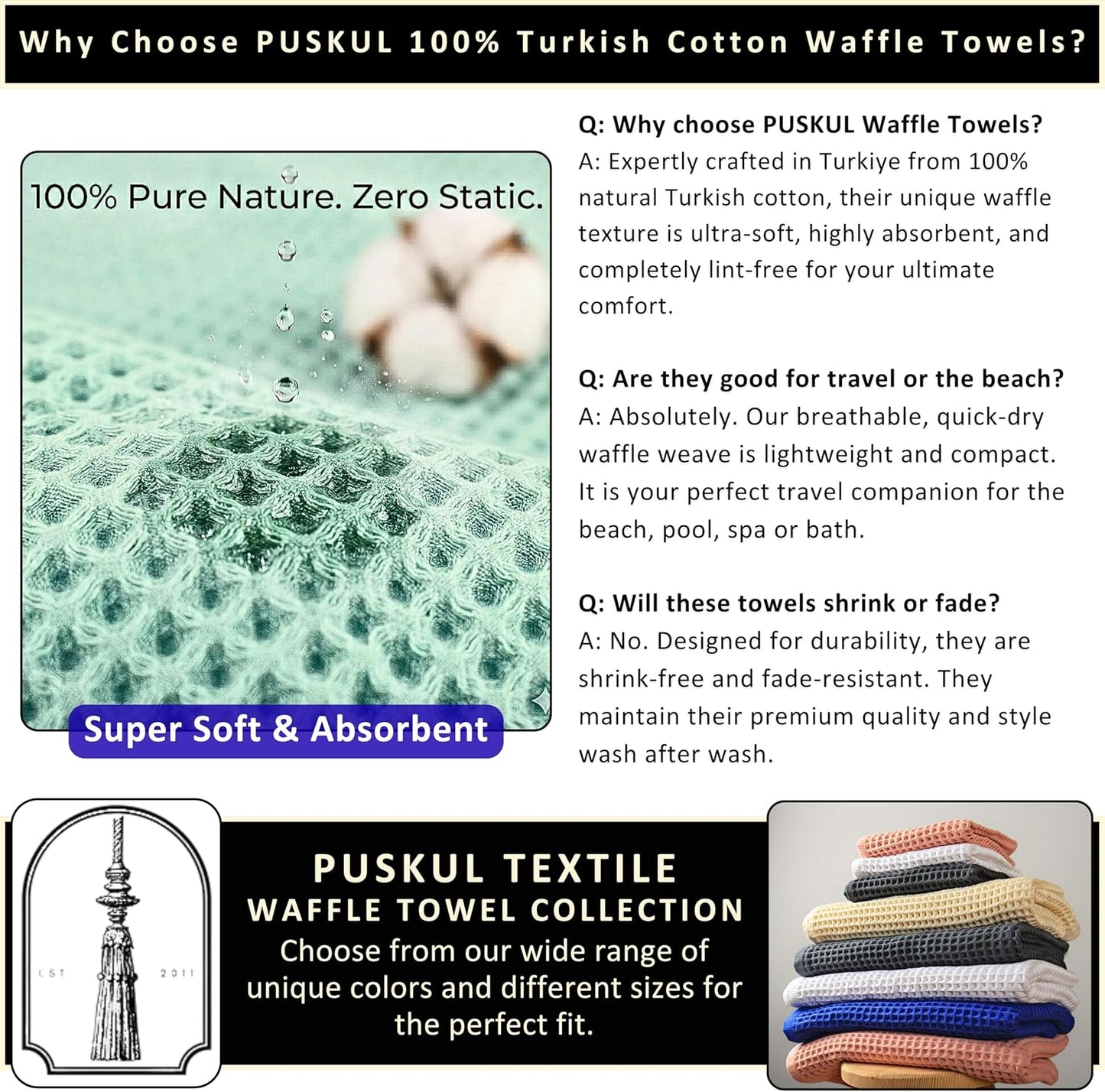 PÜSKÜL Natural 100% Turkish Cotton Waffle Bath Towels Set of 2, Extra-Large | Light Yellow, Oversize 32x63" Bath sheet