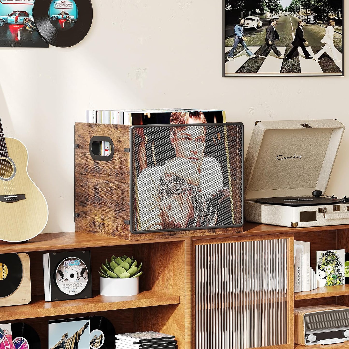 Homeiju Wooden & Metal Record Crate - Vinyl Album Holder & Organizer, Holds Up to 60 Records