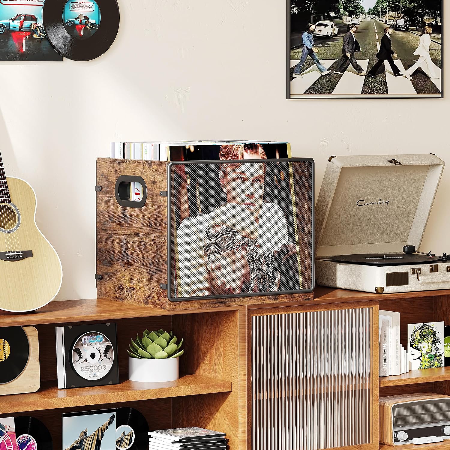 Homeiju Wooden & Metal Record Crate - Vinyl Album Holder & Organizer, Holds Up to 60 Records