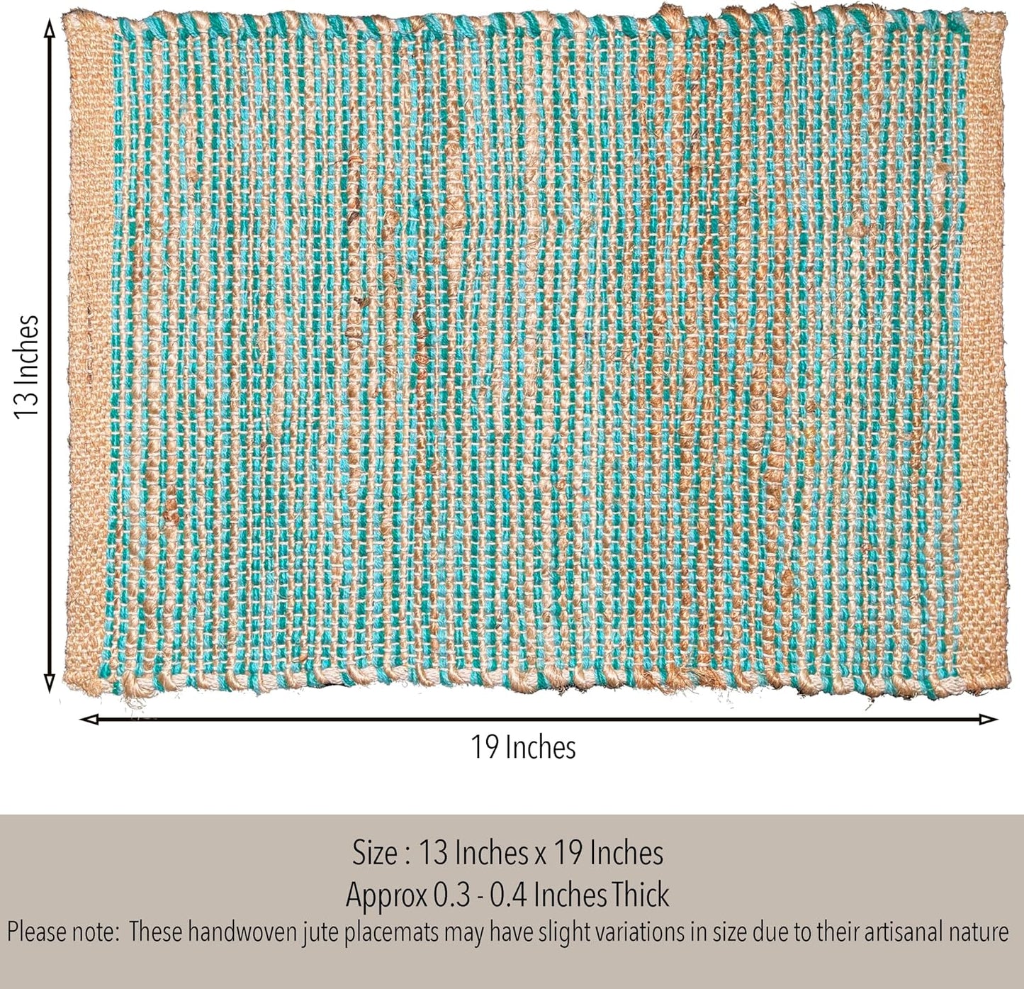 Natural Jute & Aqua Turquoise Placemats, Set of 4 – Rustic Handmade Boho Table Mats, 13x19 in Dining Table Placemats