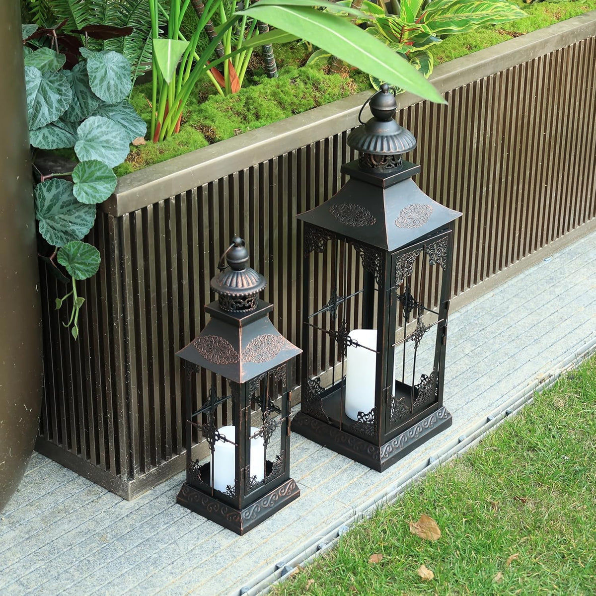 LED Lanterns Decorative Outdoor&Indoor, 23'' 16‘’ Large Black Lanterns with 2 Flameless Candles, Metal Holders for
