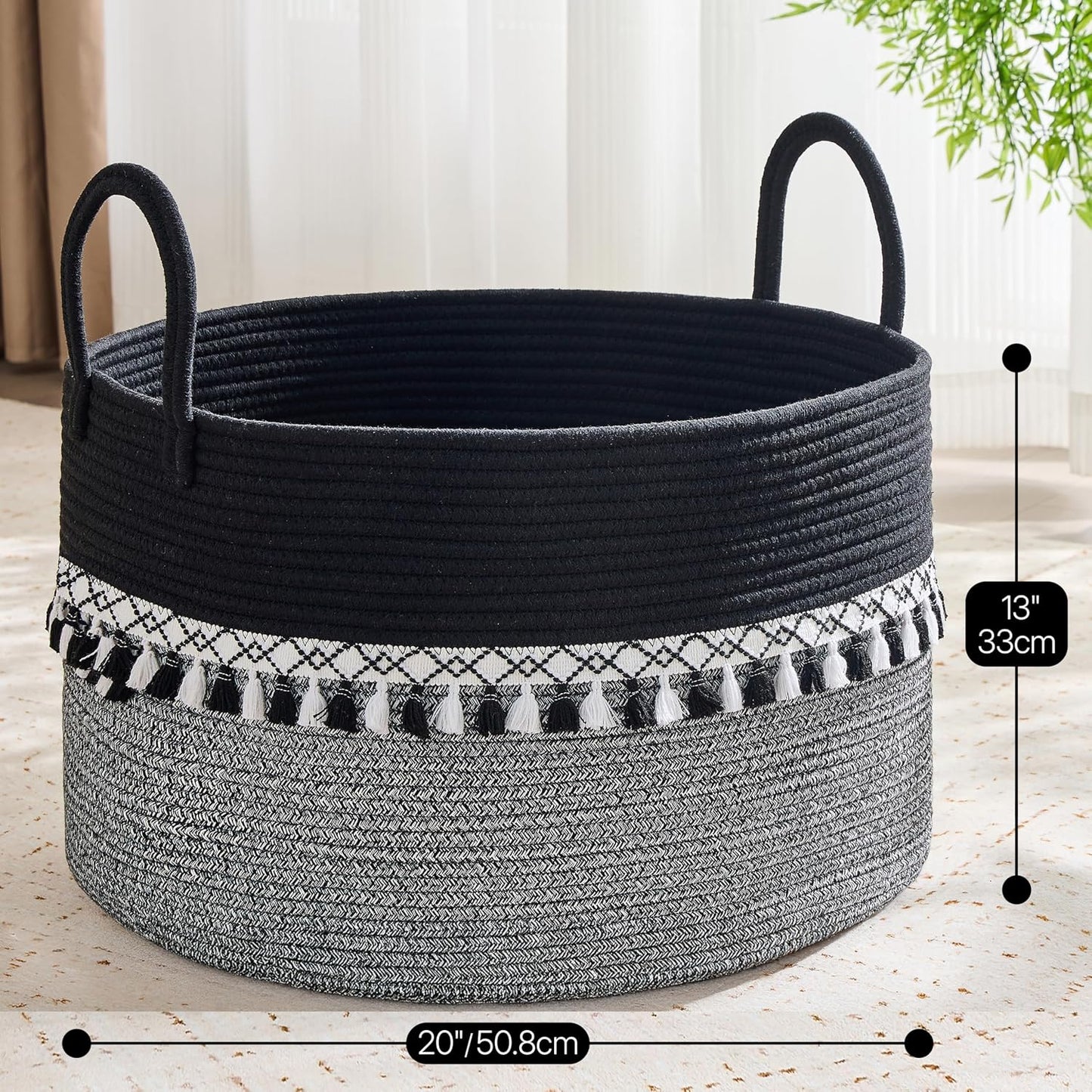 Pillows / Cotton Rope Storage Basket / Black Fringe / 20 x 13