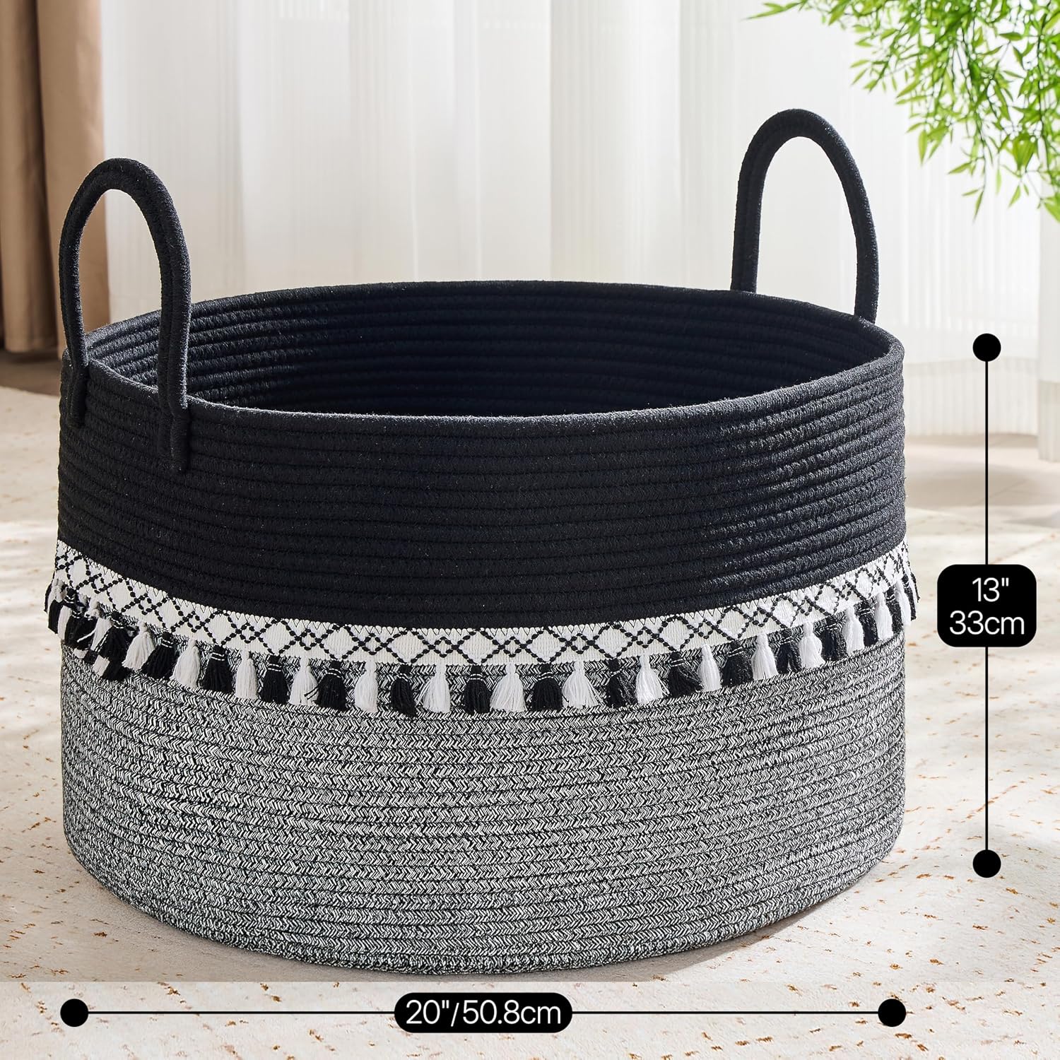Pillows / Cotton Rope Storage Basket / Black Fringe / 20 x 13