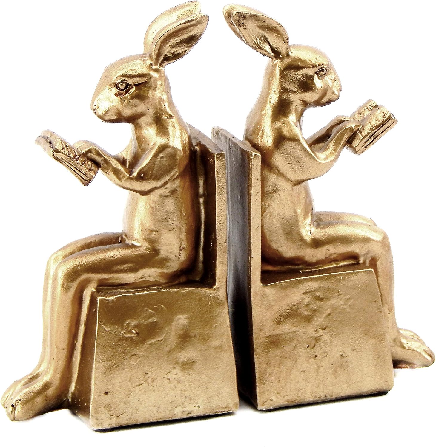 Rabbit Bookends / Studious Reading Bunny Decorative Book Ends / Gold / 7 Inch / Set of 2