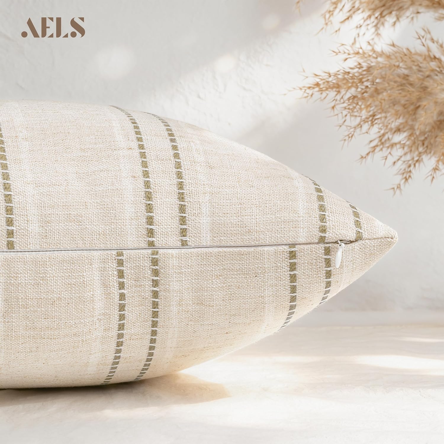 Boho Textured Pillow Case / Beige with White & Brown / 18 x 18 / Set of 2