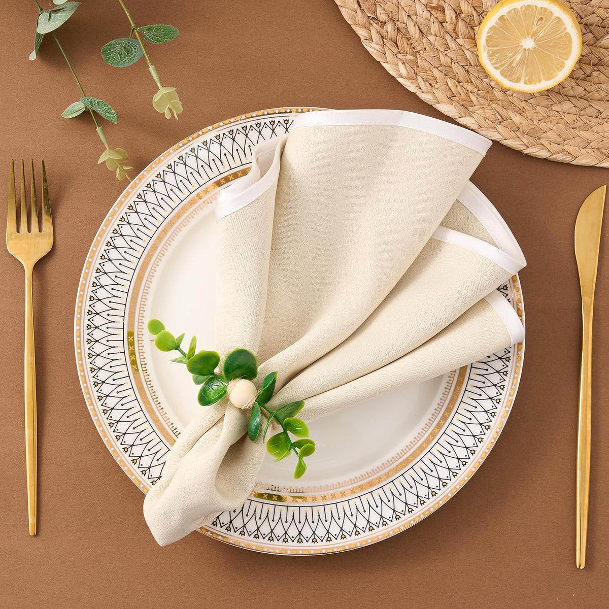 APTWOW Spring Napkin Rings Set of 12, Boho Eucalyptus Leaf Napkins Rings, Wood Bead Farmhouse Easter Napkin Holder for