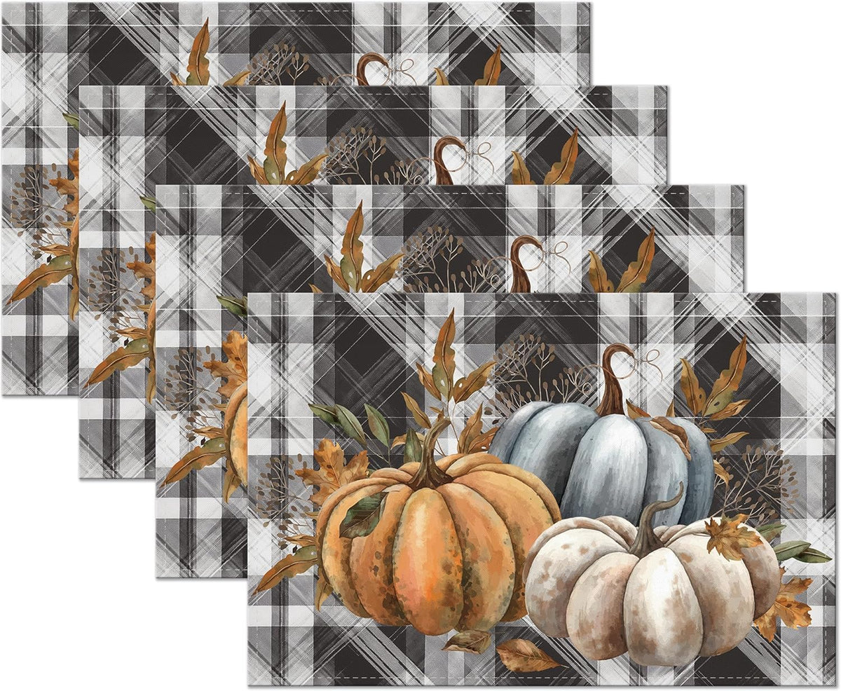 Halloween Black Cat Pumpkin 12x18 Placemats Set of 4 Happy Halloween Bat Branch Linen Table Place Mat Seasonal Fall Washable Heat Resistant Non Slip Table Placemats for Party Kitchen Dining Decor