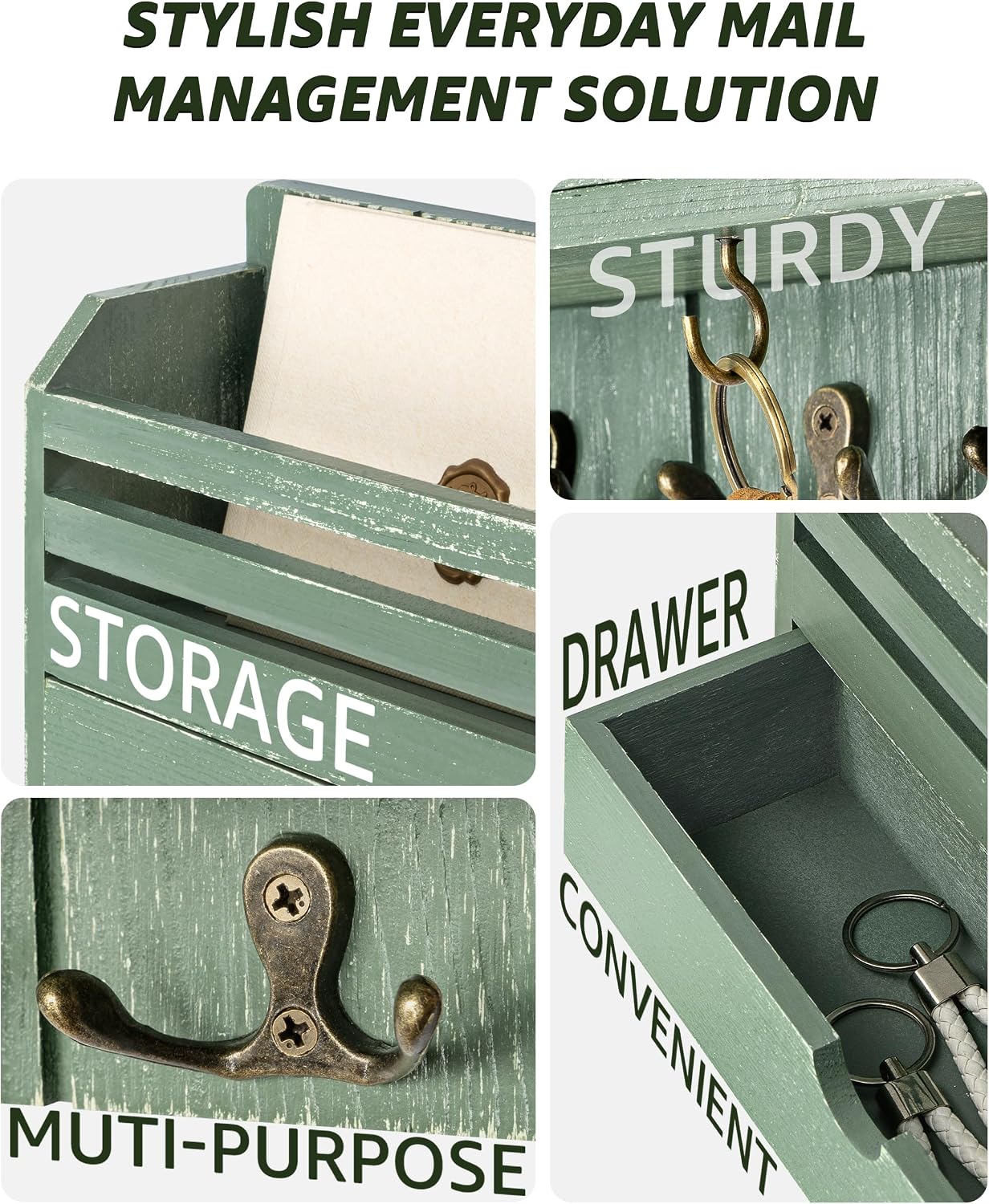 Pine Wood Mail and Key Organizer / Green