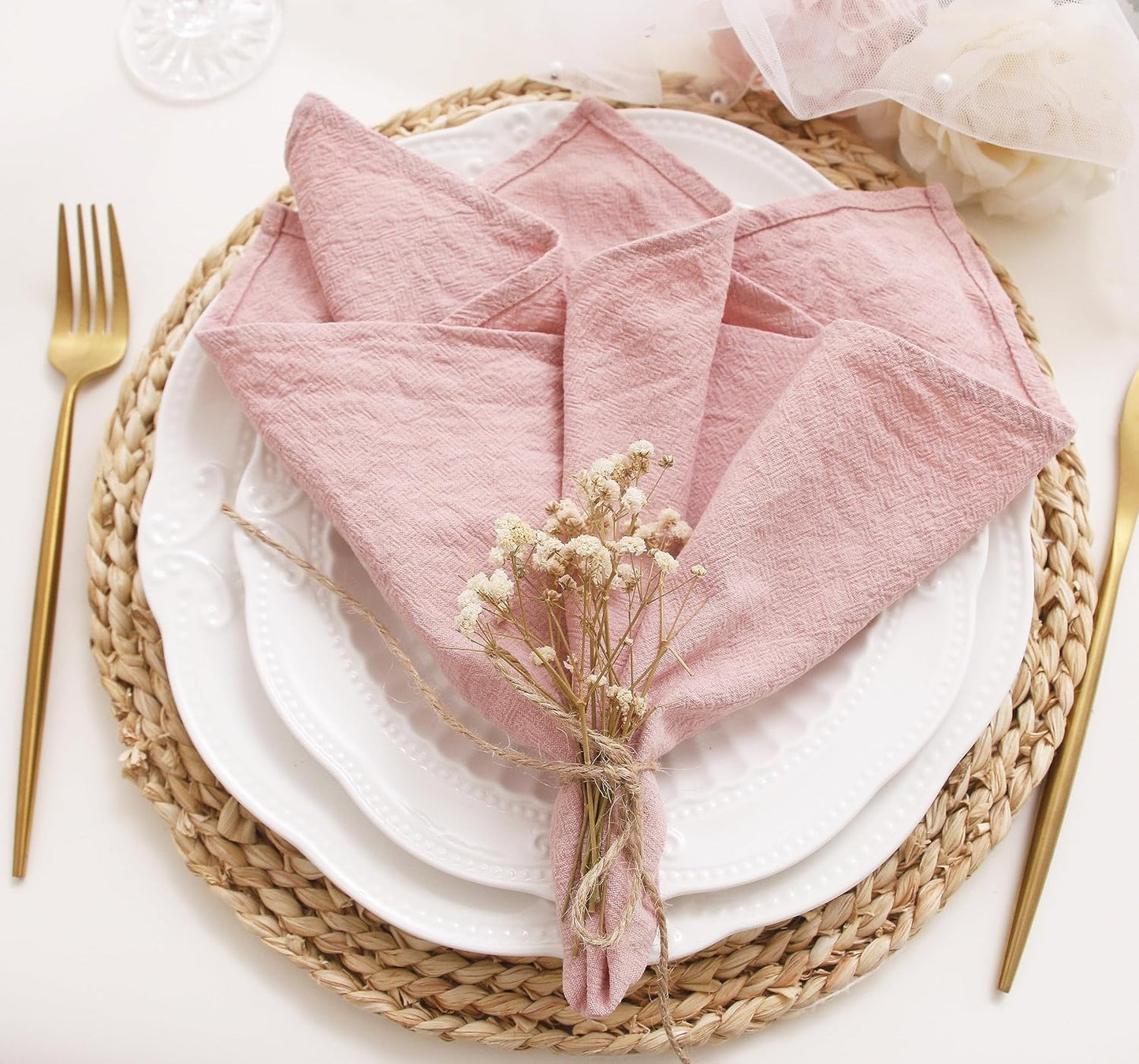 Pink Cotton Dinner Napkins Set of 12, 16 x 16 Inch Cloth Napkins | Washable Fabric Napkins with Hemmed Edges for