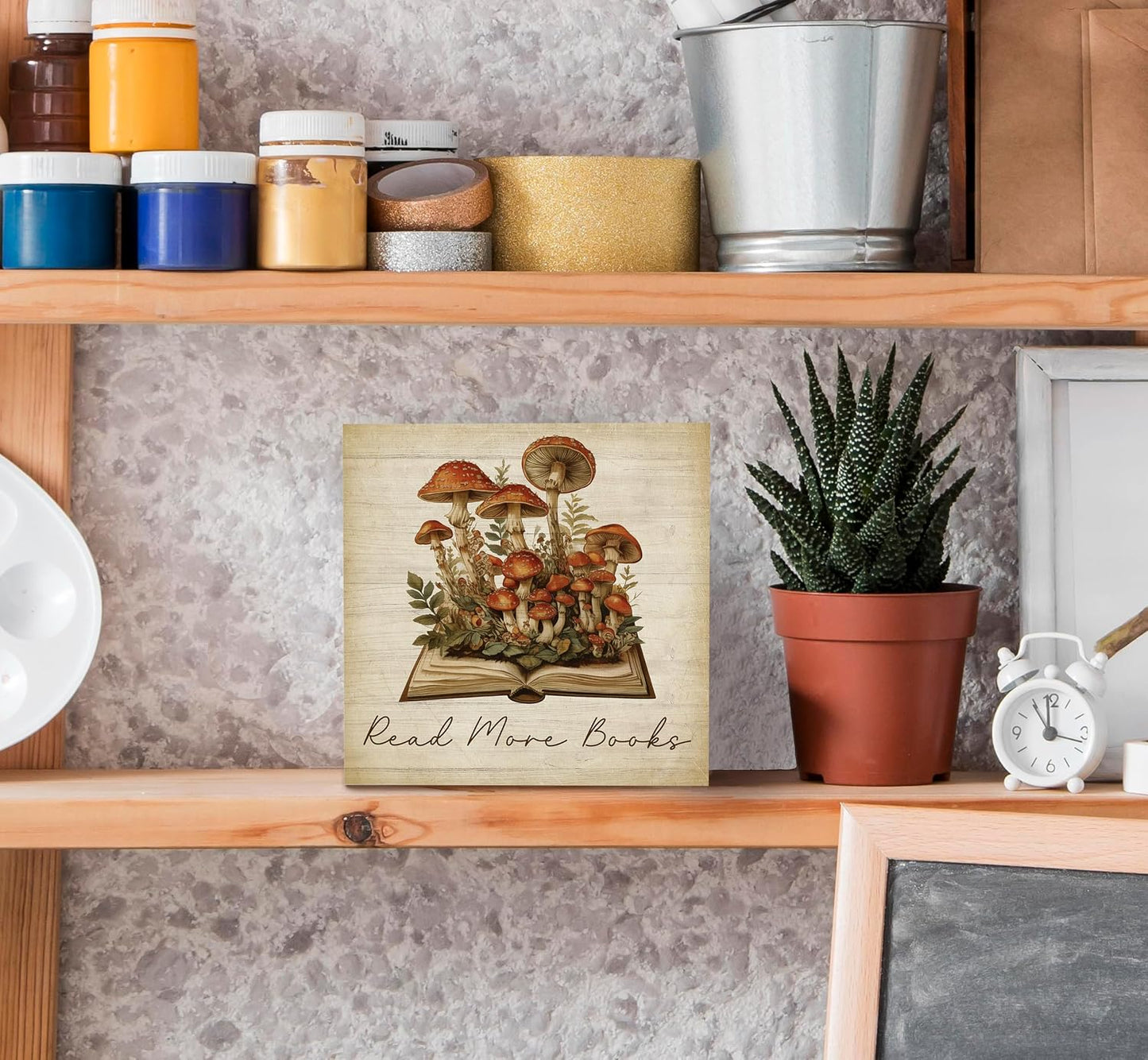 Vintage Mushroom Book Theme Wooden Block