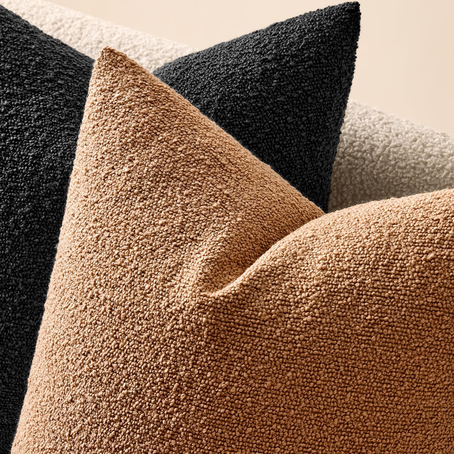 Textured Boucle Throw Pillow Covers Soft Accent Solid Cushion Cases / Brown / 20 x 20 / Set of 2