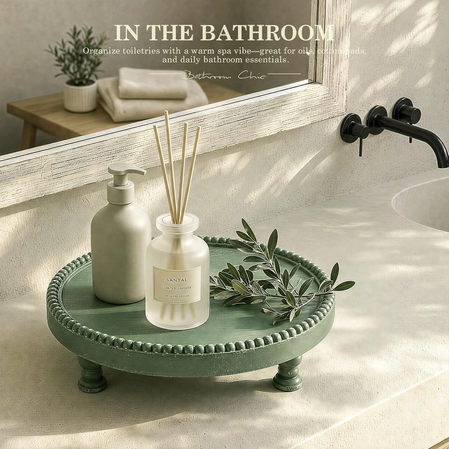 Beaded Pedestal Tray / Green