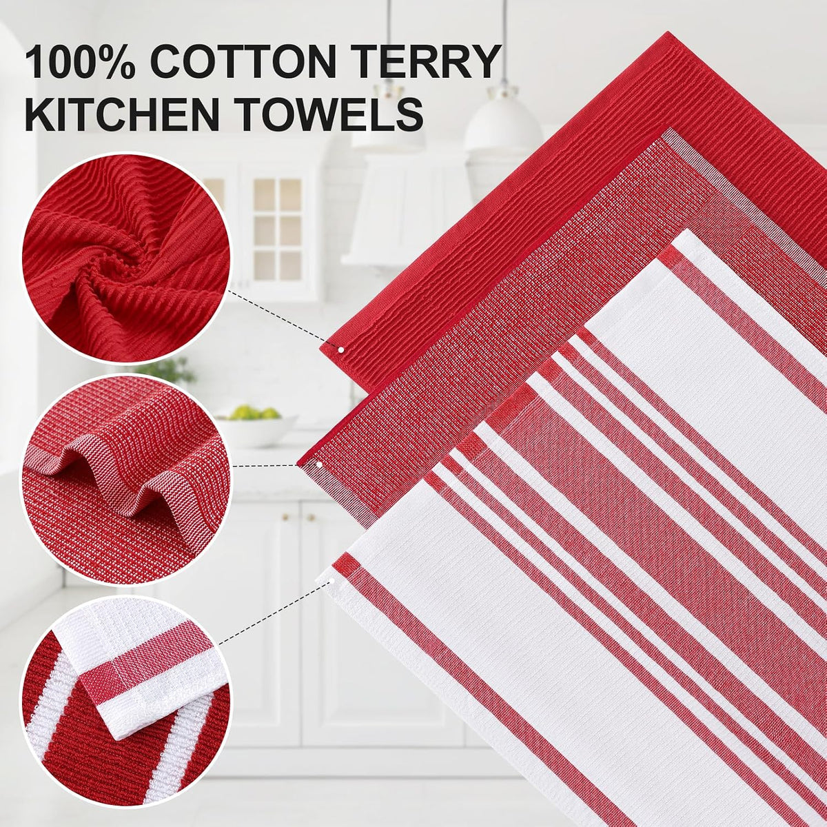 Homaxy Cotton 380 GSM Premium Kitchen Towels, 18"x 28", 12 Pack, Red | Soft and Absorbent Terry Dish Towels
