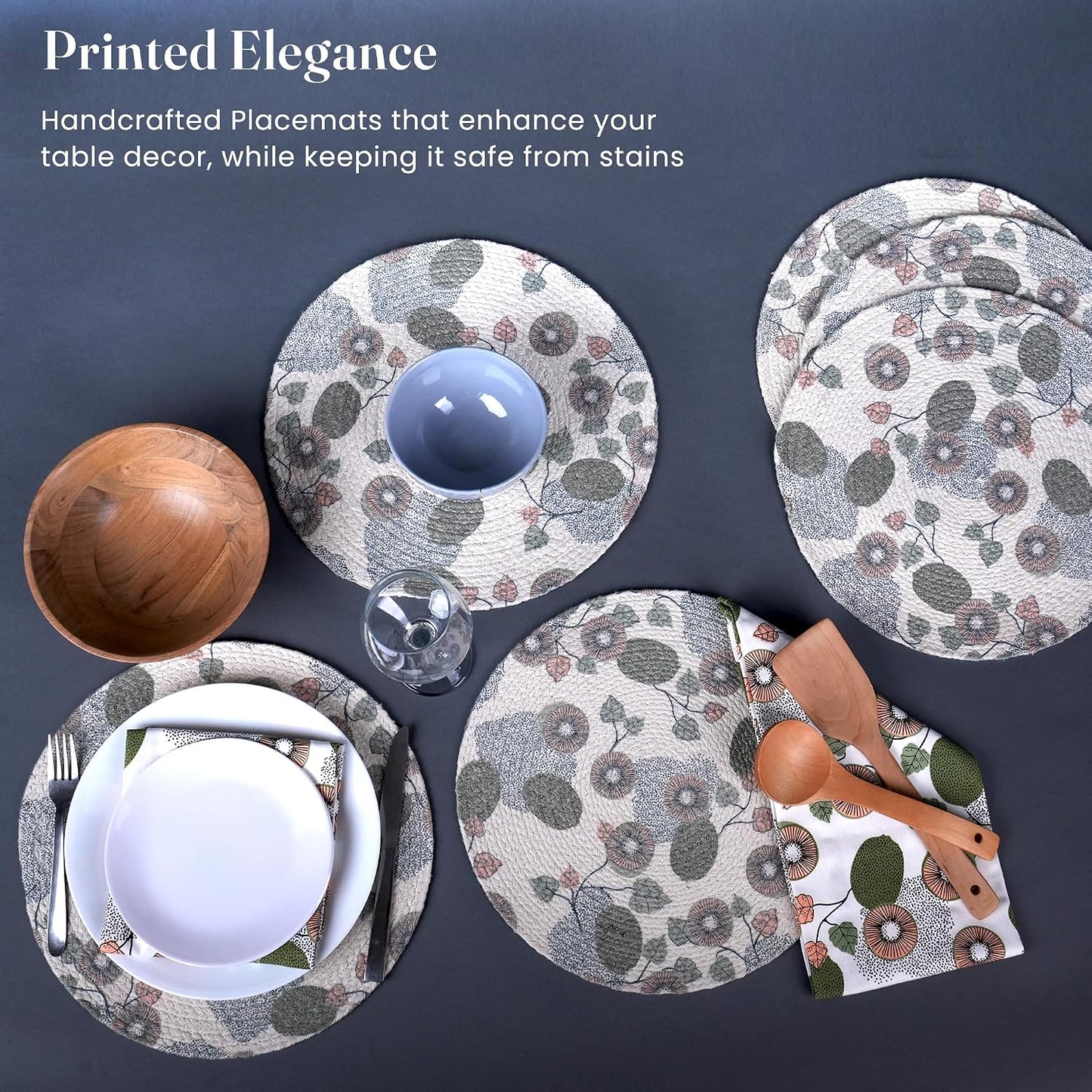 The Fine Living Braided Cotton Placemats, Round Table Mats, Set of 6,13.5" | Washable Anti-Slip Heat Resistant Braided