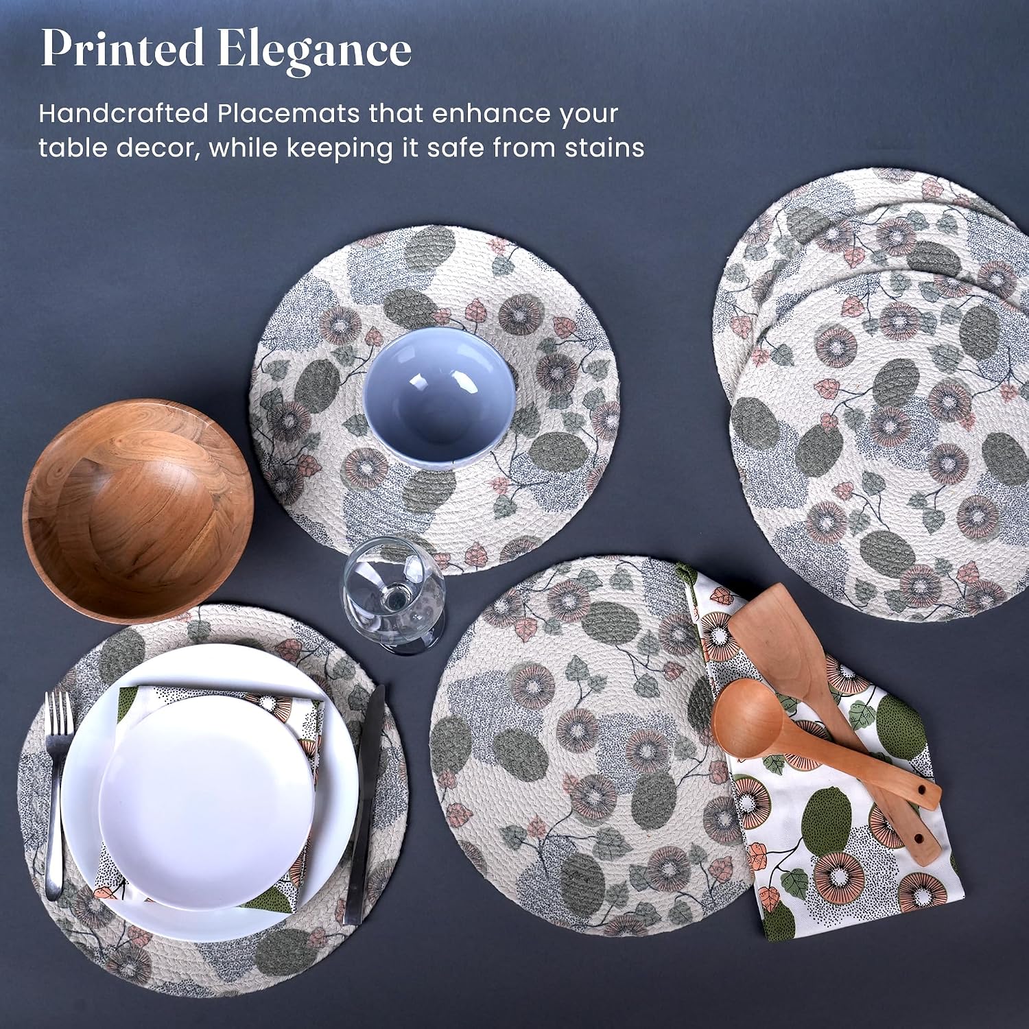 The Fine Living Braided Cotton Placemats, Round Table Mats, Set of 6,13.5" | Washable Anti-Slip Heat Resistant Braided