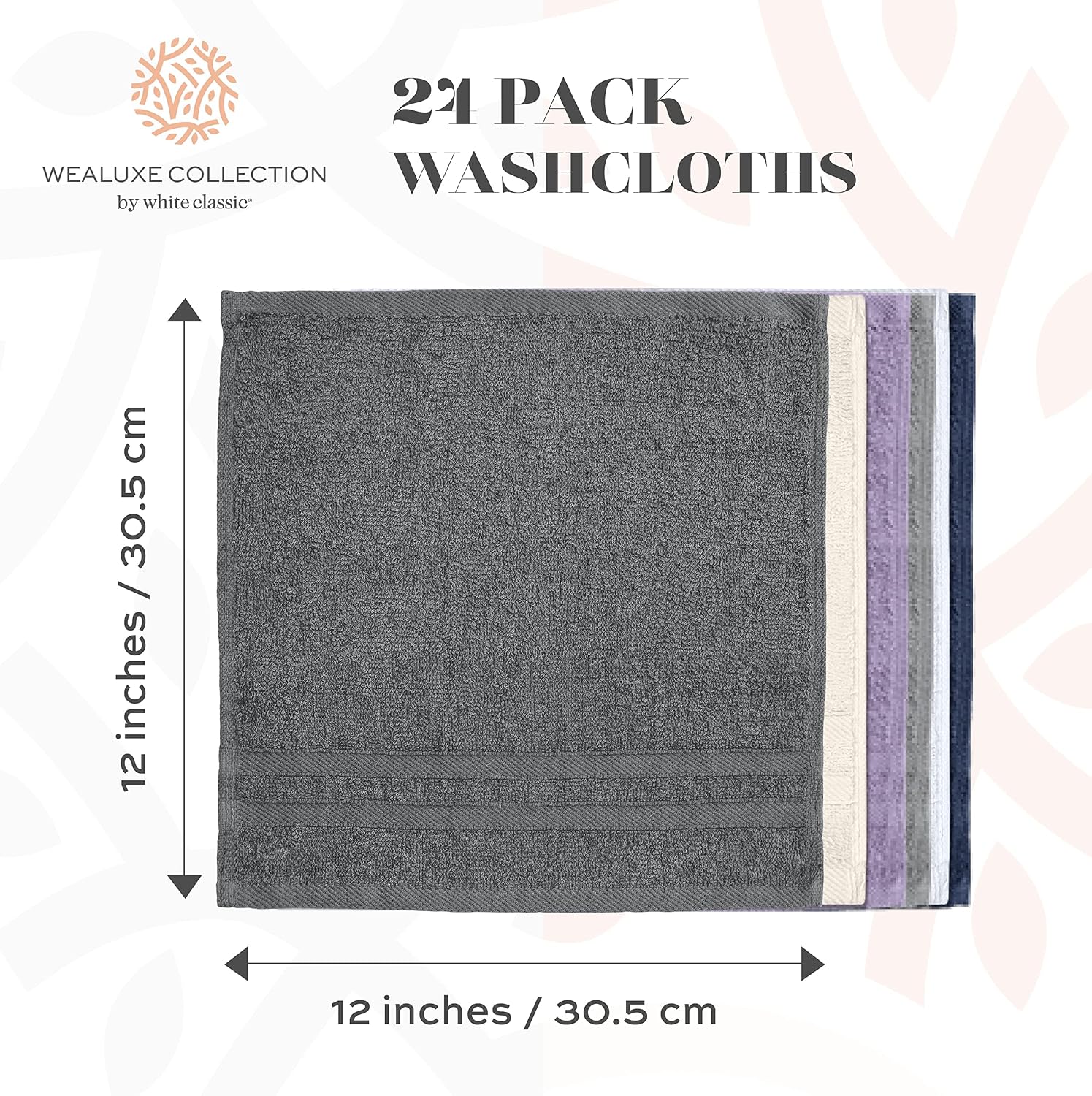 White Classic Wealuxe Multi Washcloths 24 Pack - 600 GSM 100% Ring-Spun Cotton Wash Cloths for Showering, Highly