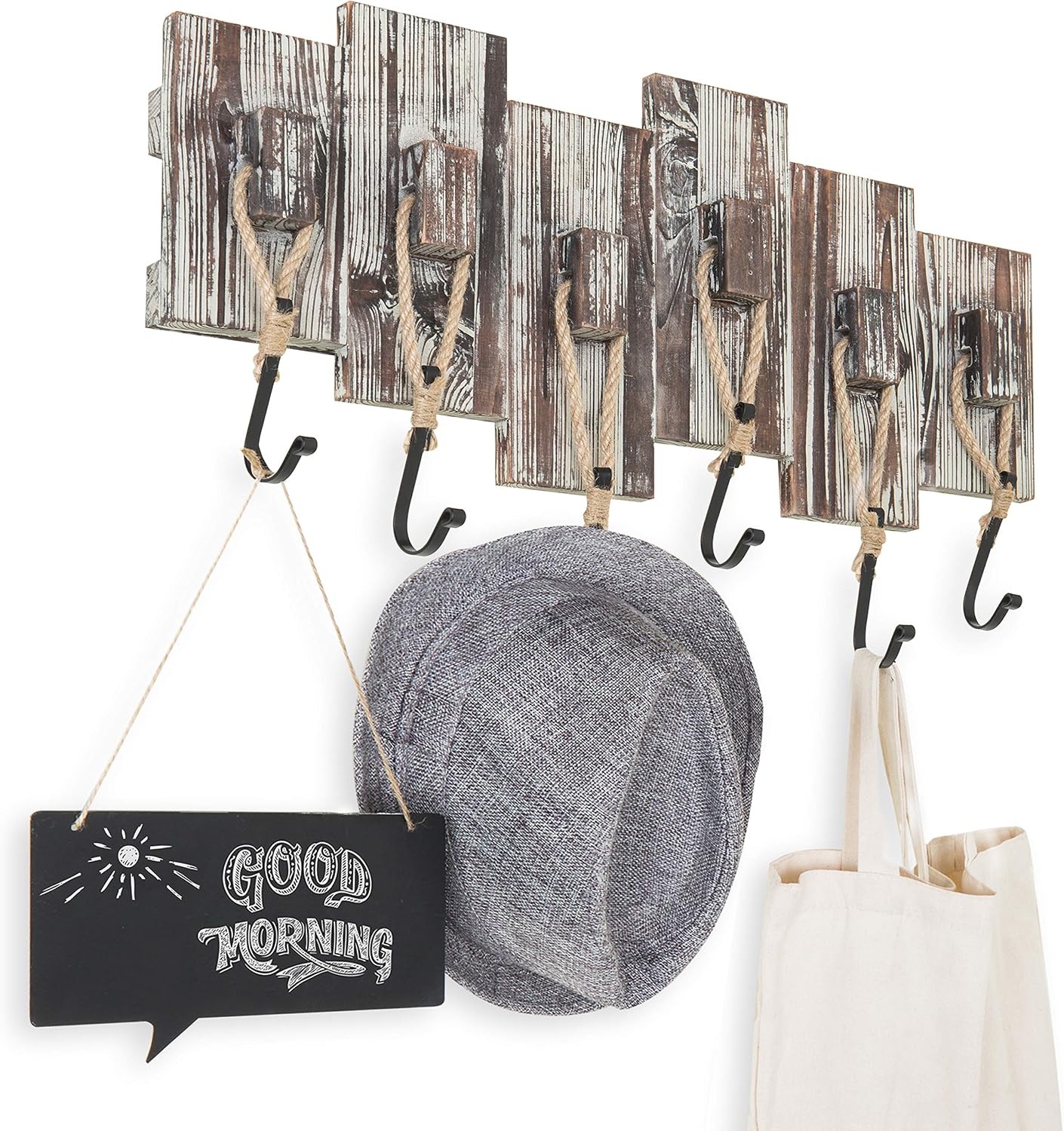 6 Hook Wall Mounted Entryway Coat and Hat Rack / Torched Wood